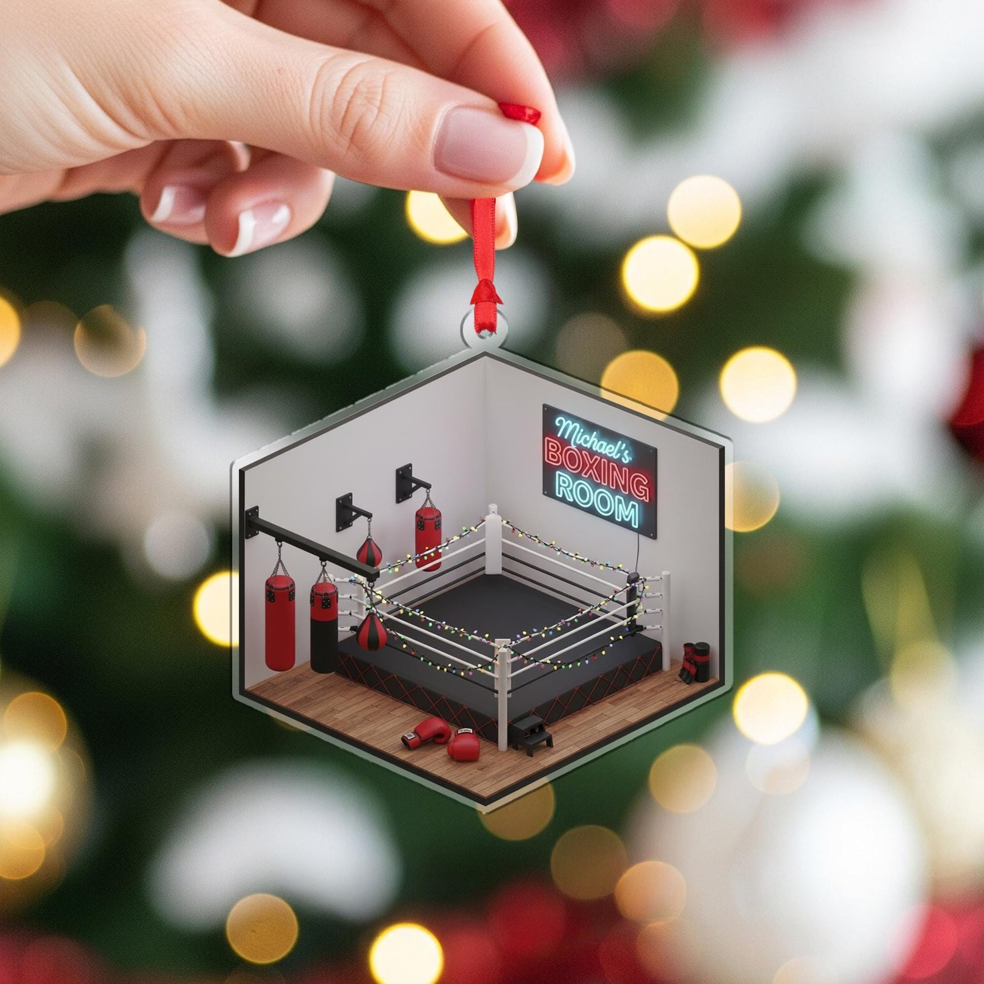 Personalized Boxing Ornament – Holiday Tree Decoration with Ring, Gloves, and Training Room Design