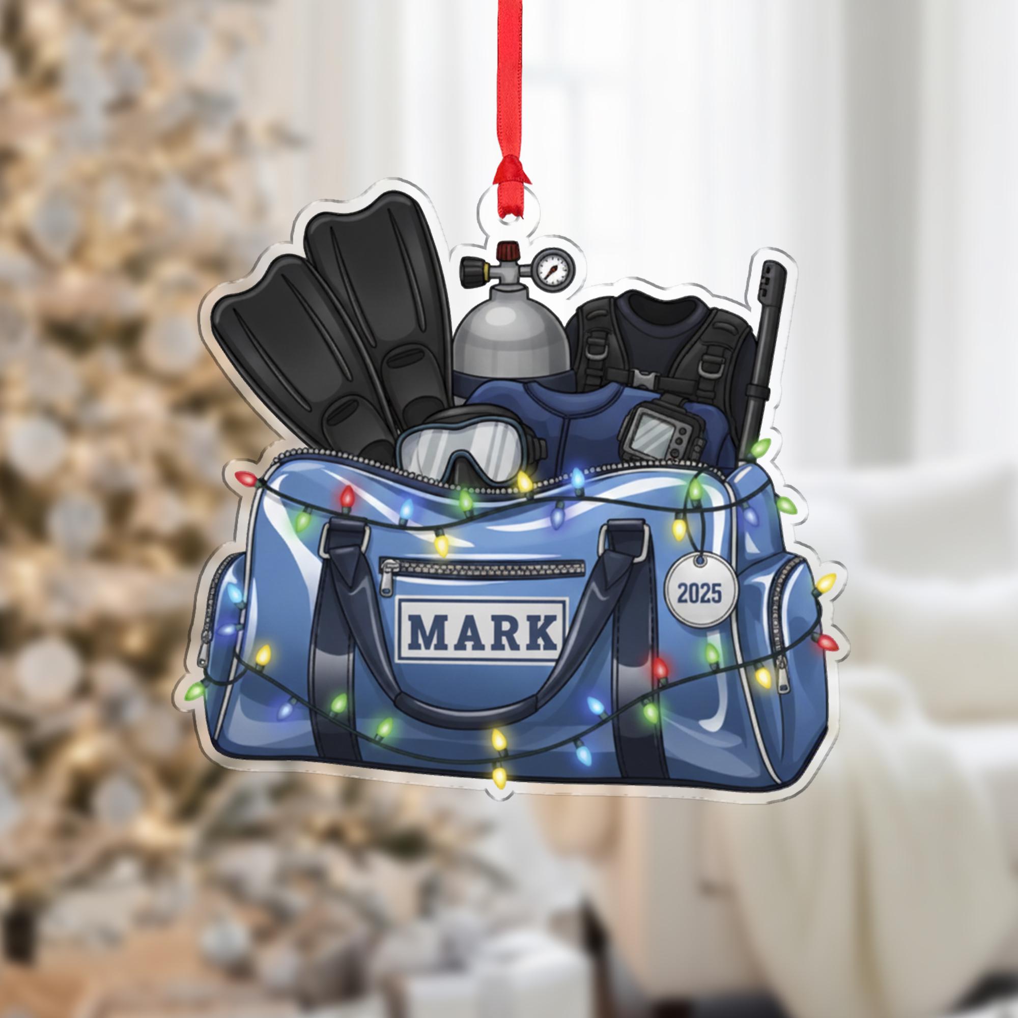 Personalized Scuba Diving Ornament – Holiday Tree Decoration with Gear Bag, Fins, and Tank Design