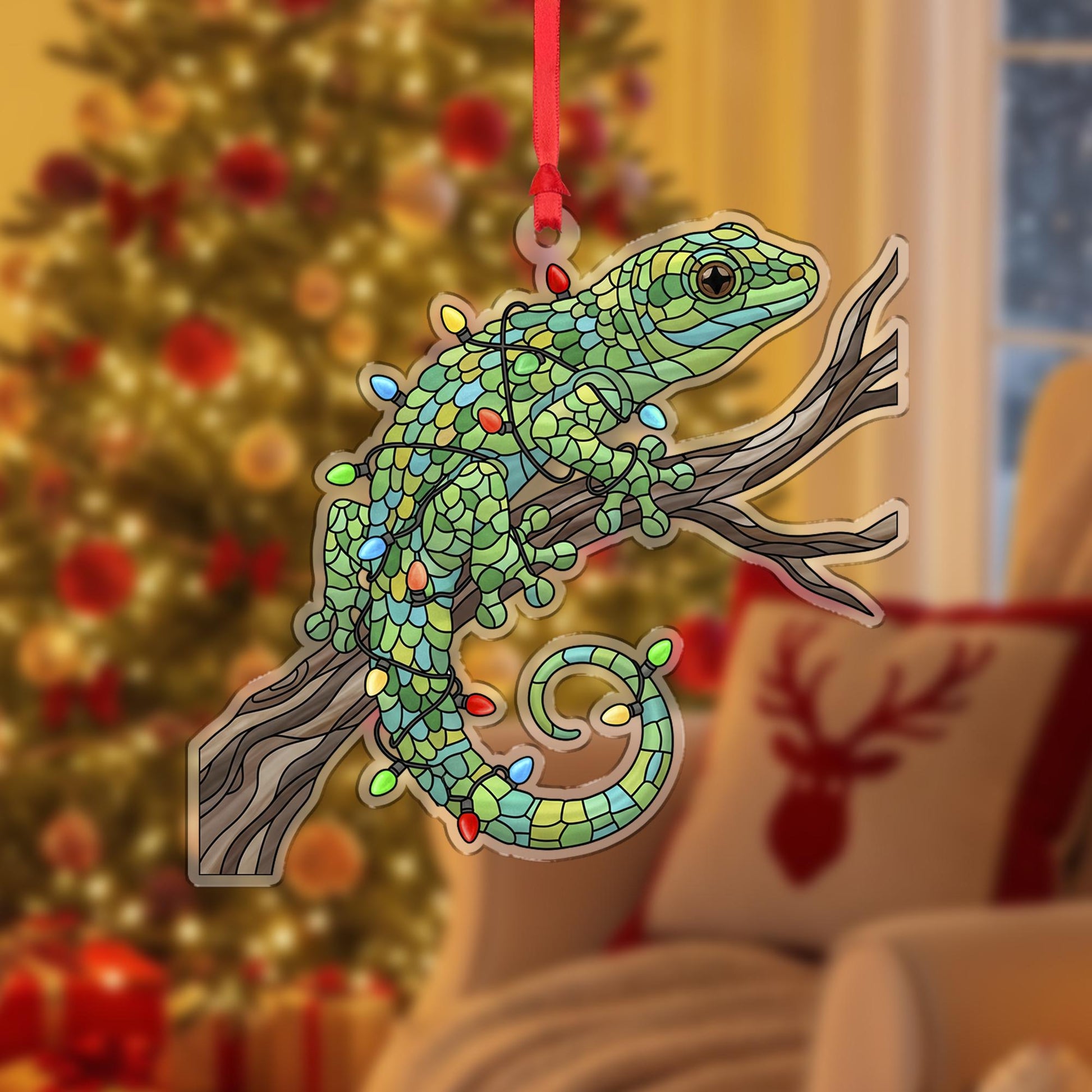 Christmas Ornament – Holiday Tree Decoration with Gecko Lizard on Branch and Lights Design
