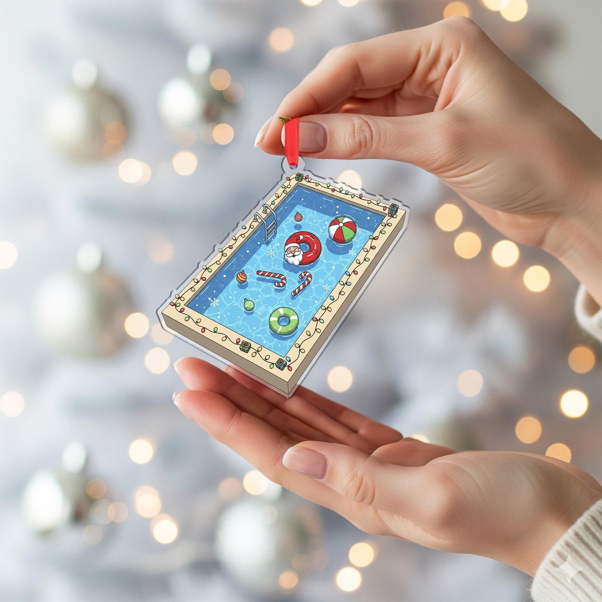 Christmas Ornament – Holiday Tree Decoration with Santa in Swimming Pool and Candy Cane Floats