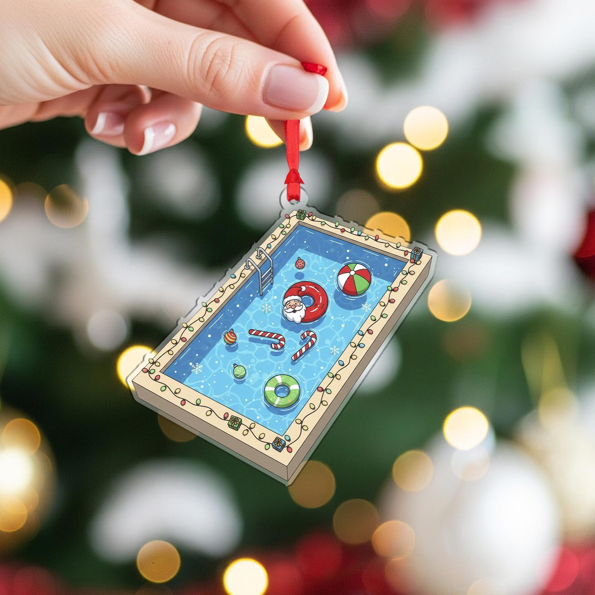 Christmas Ornament – Holiday Tree Decoration with Santa in Swimming Pool and Candy Cane Floats