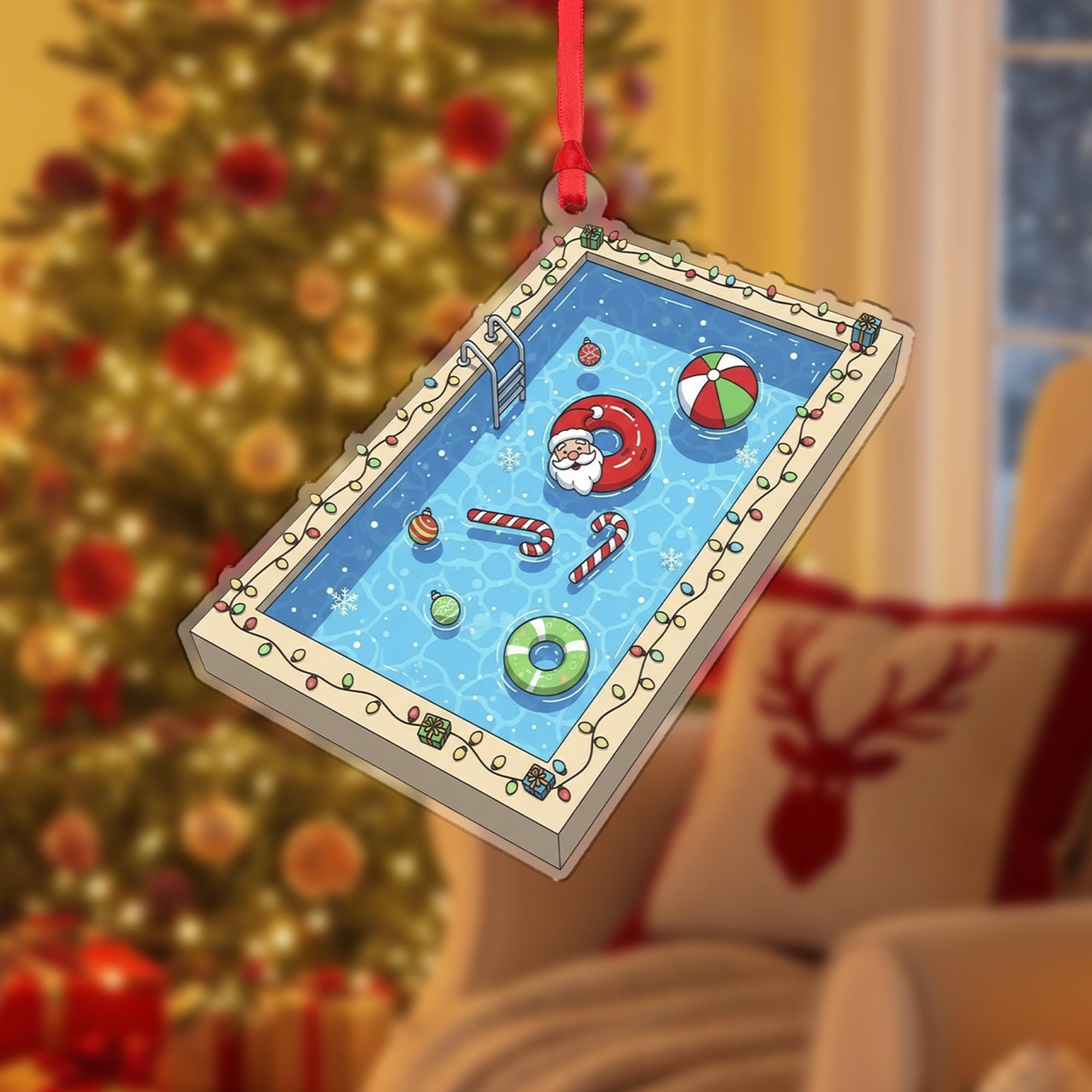 Christmas Ornament – Holiday Tree Decoration with Santa in Swimming Pool and Candy Cane Floats