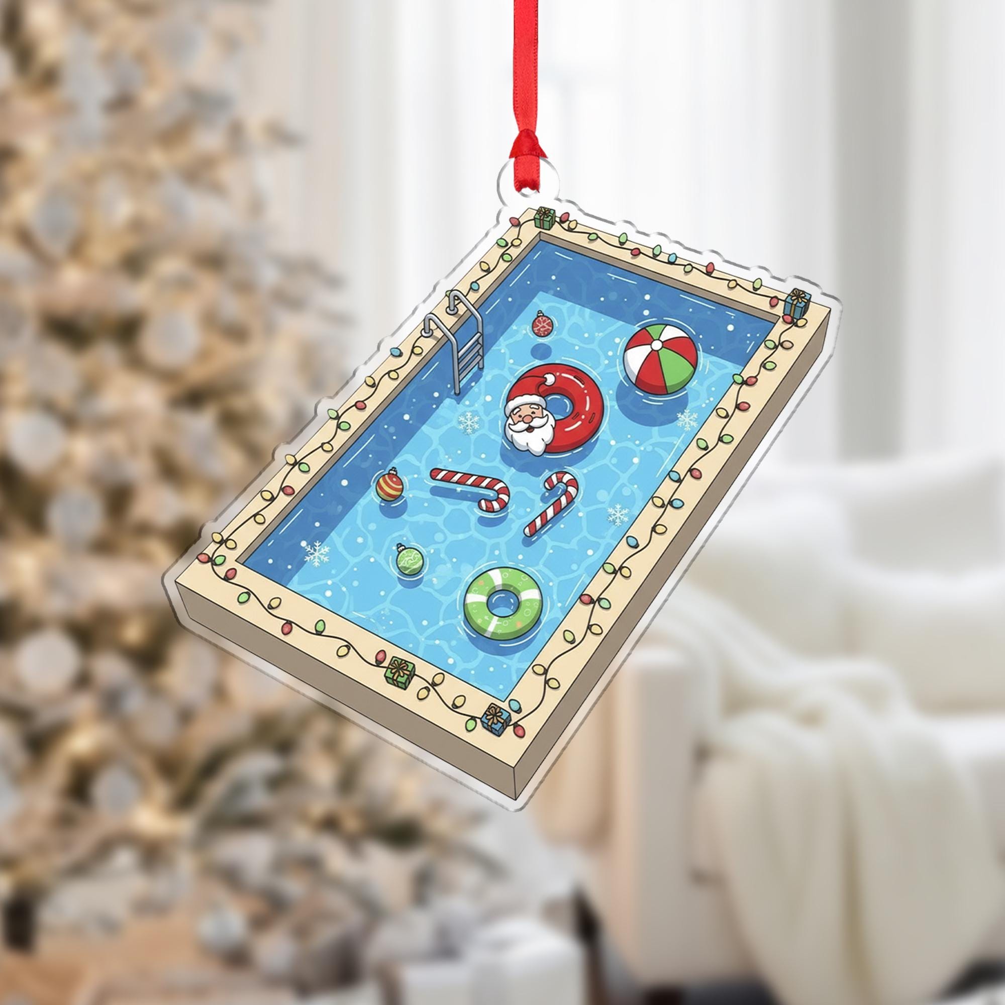 Christmas Ornament – Holiday Tree Decoration with Santa in Swimming Pool and Candy Cane Floats