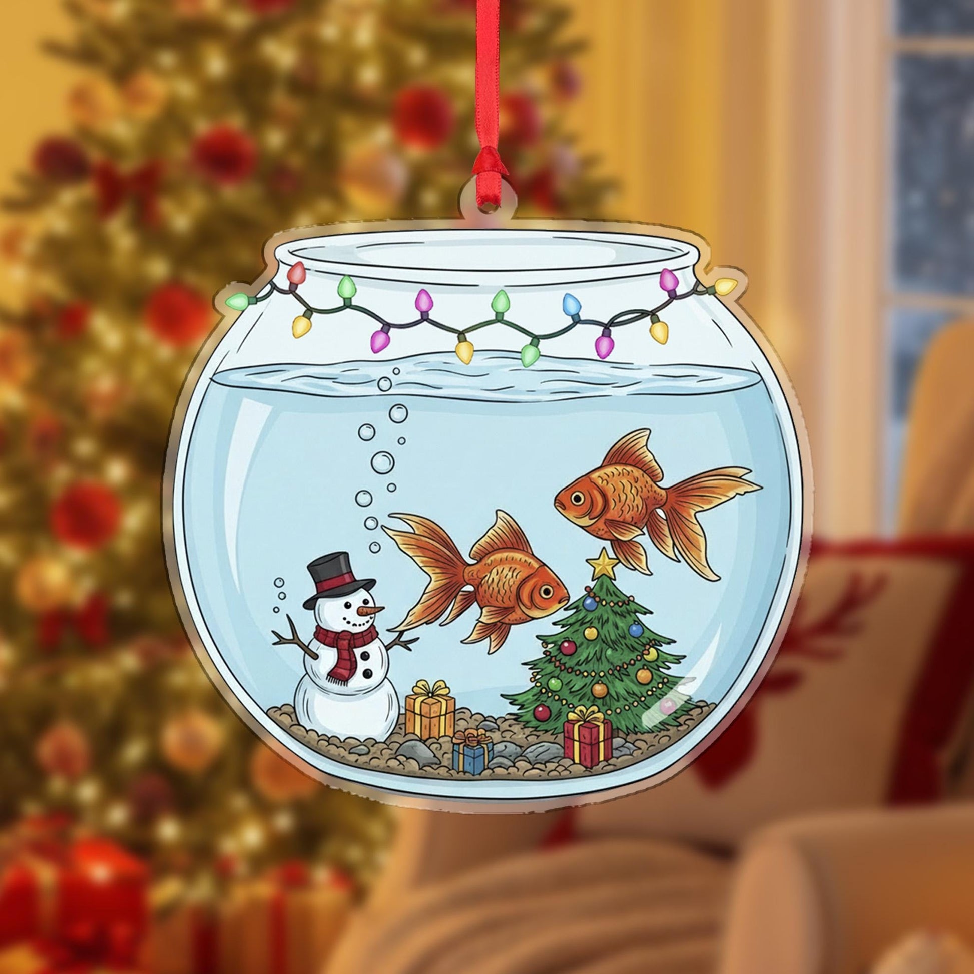 Personalized Acrylic Ornament: Fish Bowl Christmas Decoration with Goldfish, Snowman, and Tree