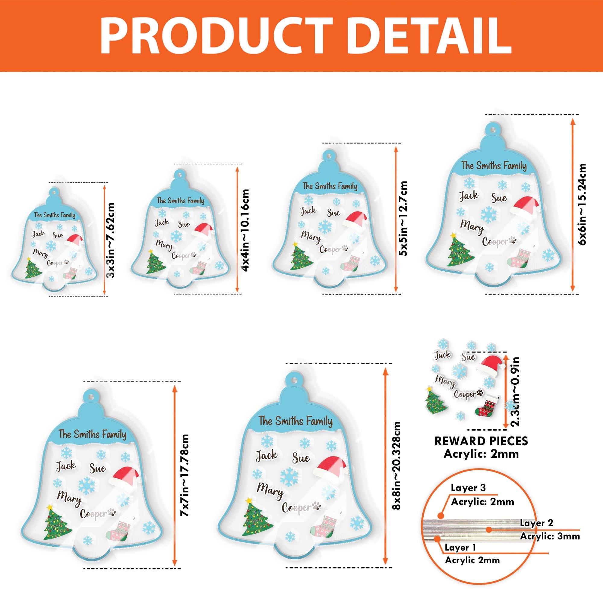 Personalized Acrylic Shaker Ornament: Family Name Bell Decoration with Snowflakes and Christmas Icons