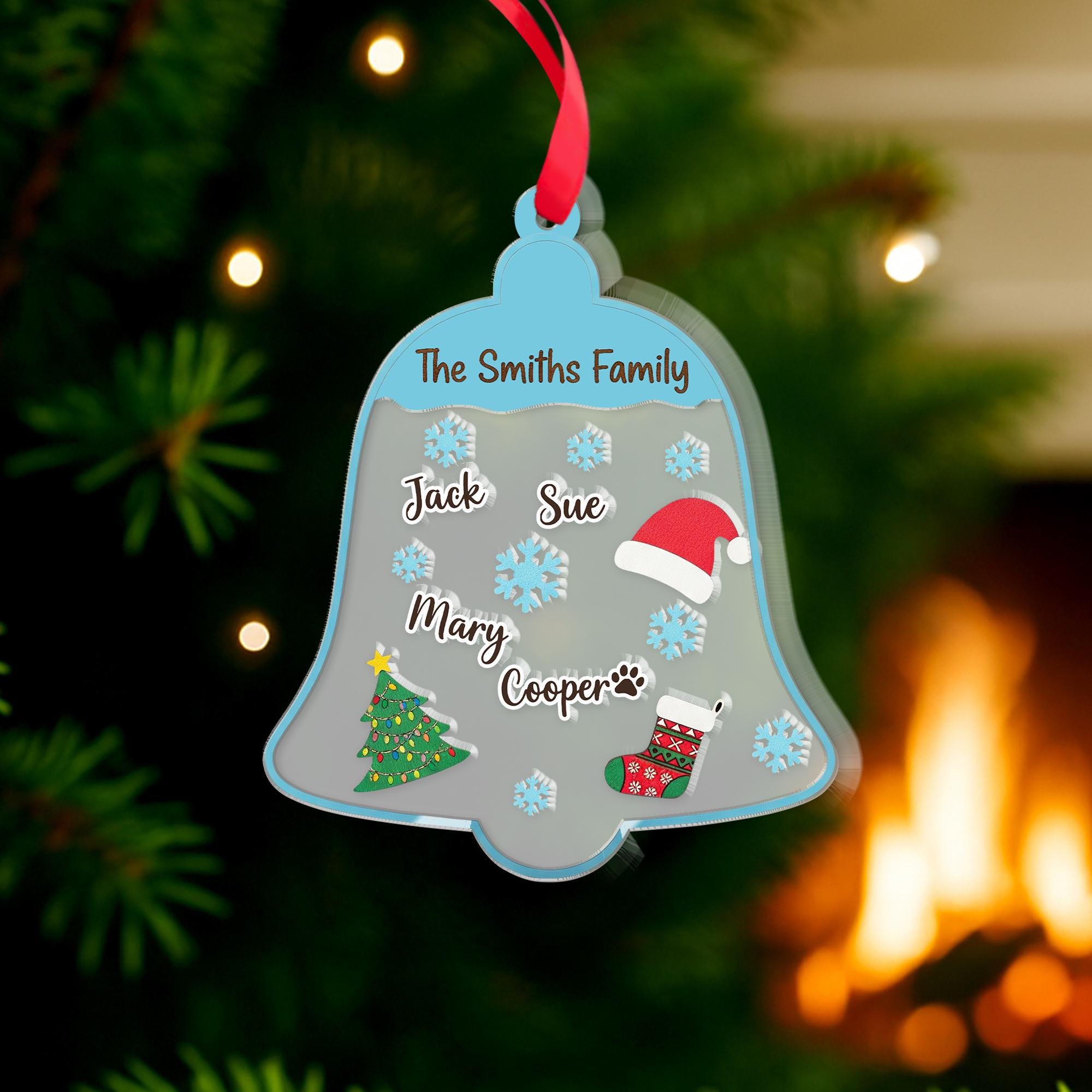 Personalized Acrylic Shaker Ornament: Family Name Bell Decoration with Snowflakes and Christmas Icons