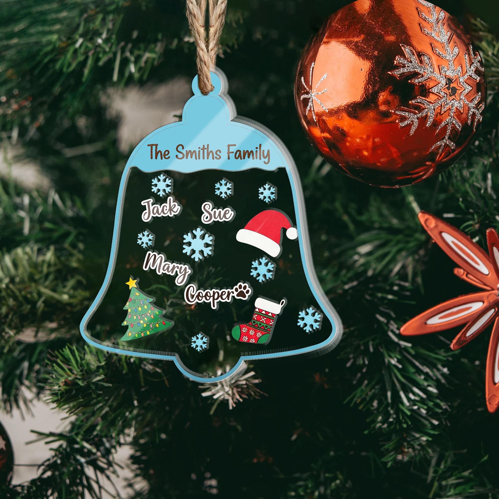 Personalized Acrylic Shaker Ornament: Family Name Bell Decoration with Snowflakes and Christmas Icons