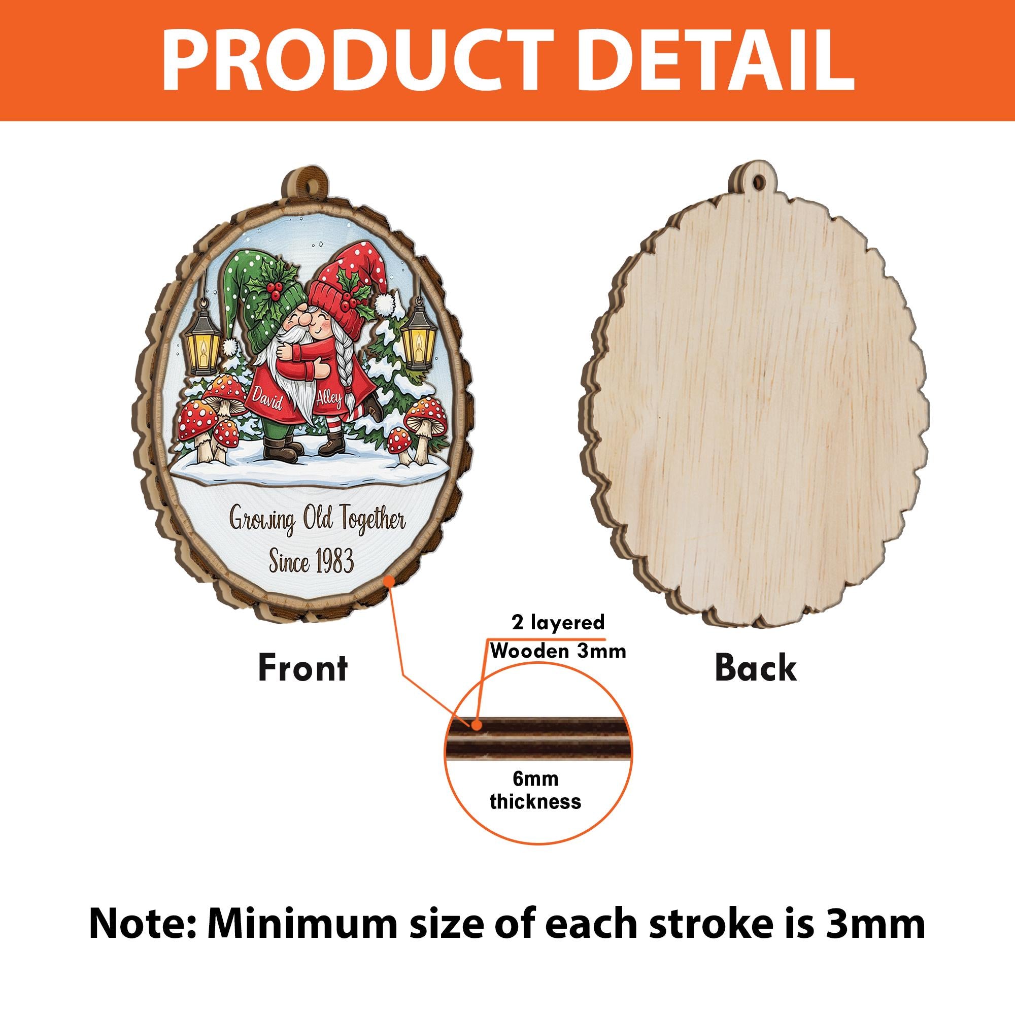 Personalized Wooden Ornament: Gnome Couple Growing Old Together Anniversary Decoration