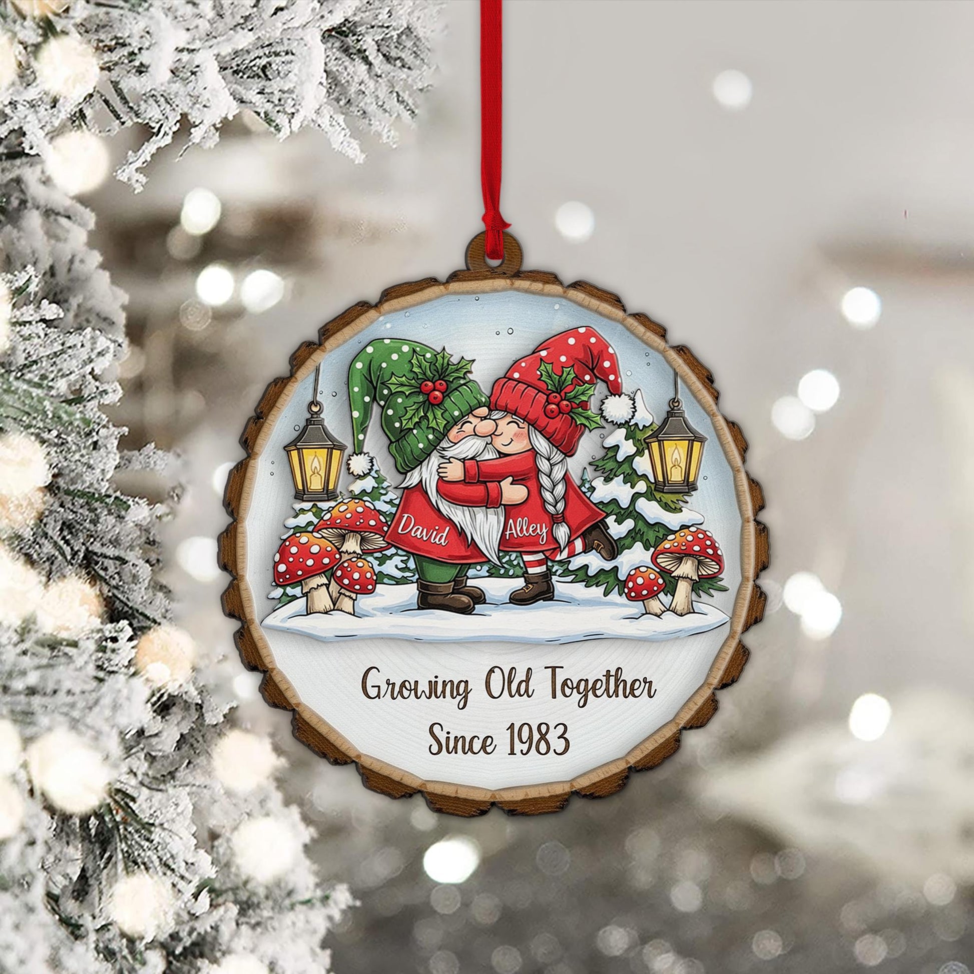 Personalized Wooden Ornament: Gnome Couple Growing Old Together Anniversary Decoration