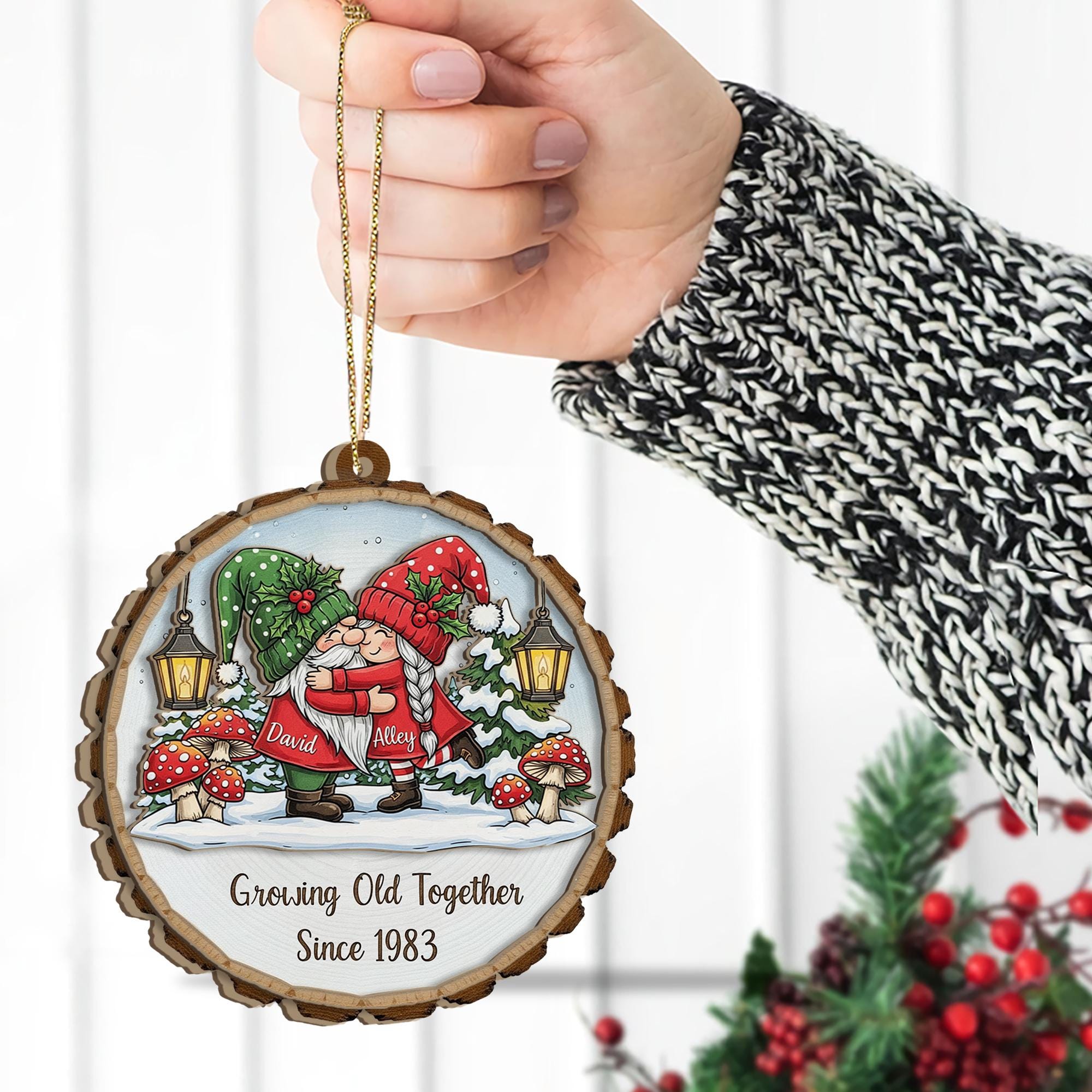 Personalized Wooden Ornament: Gnome Couple Growing Old Together Anniversary Decoration