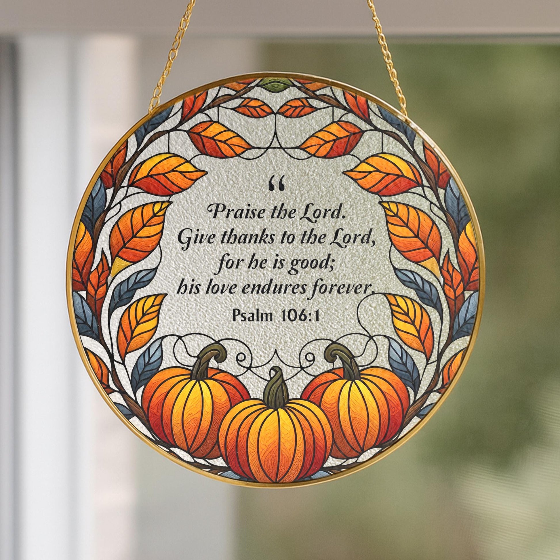 Fall Glass Suncatcher with Pumpkins and Leaves – Psalm 106:1 Bible Verse Hanging Ornament