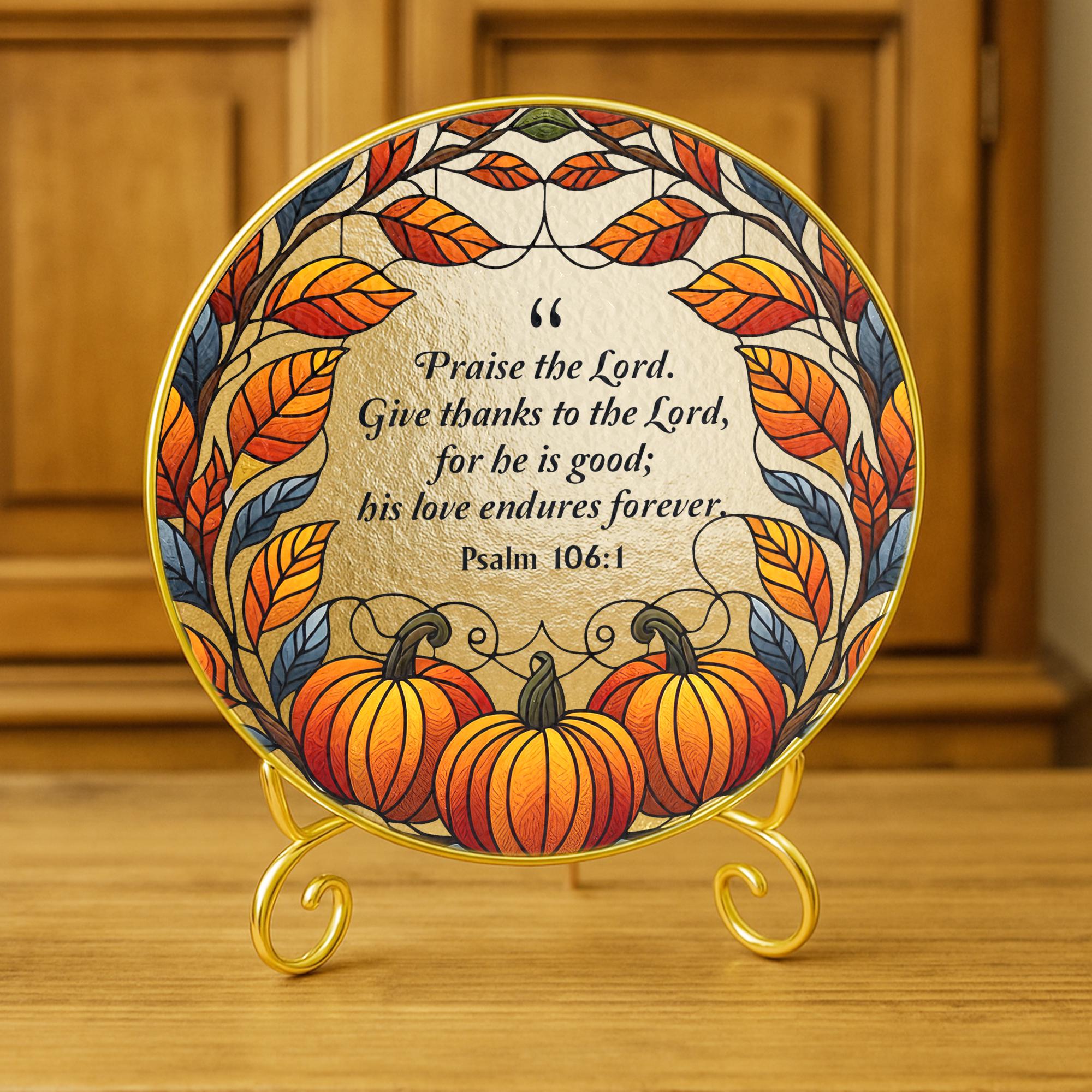 Fall Glass Suncatcher with Pumpkins and Leaves – Psalm 106:1 Bible Verse Hanging Ornament