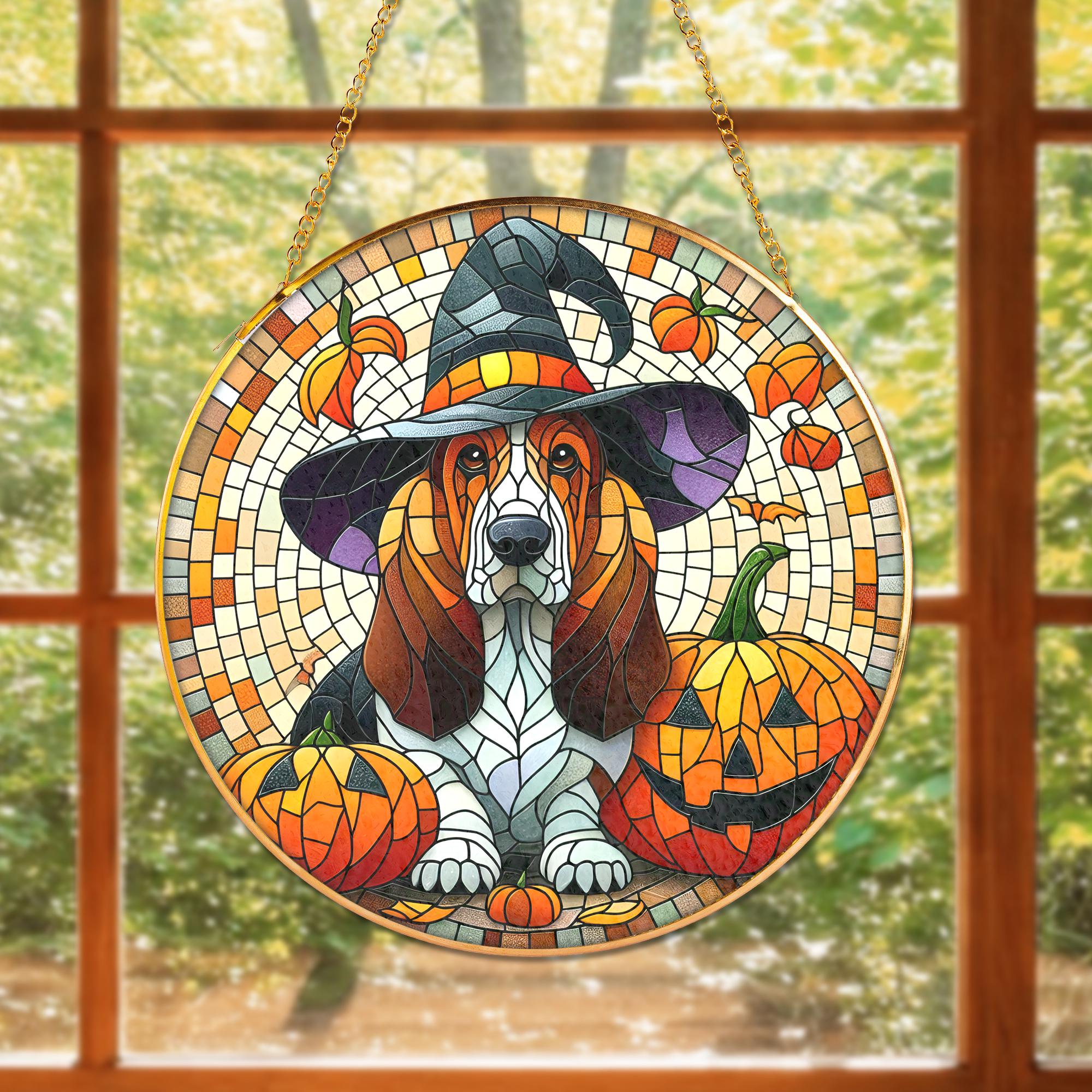 Basset Hound Dog Glass Suncatcher, Halloween Witch Hat and Pumpkin Design