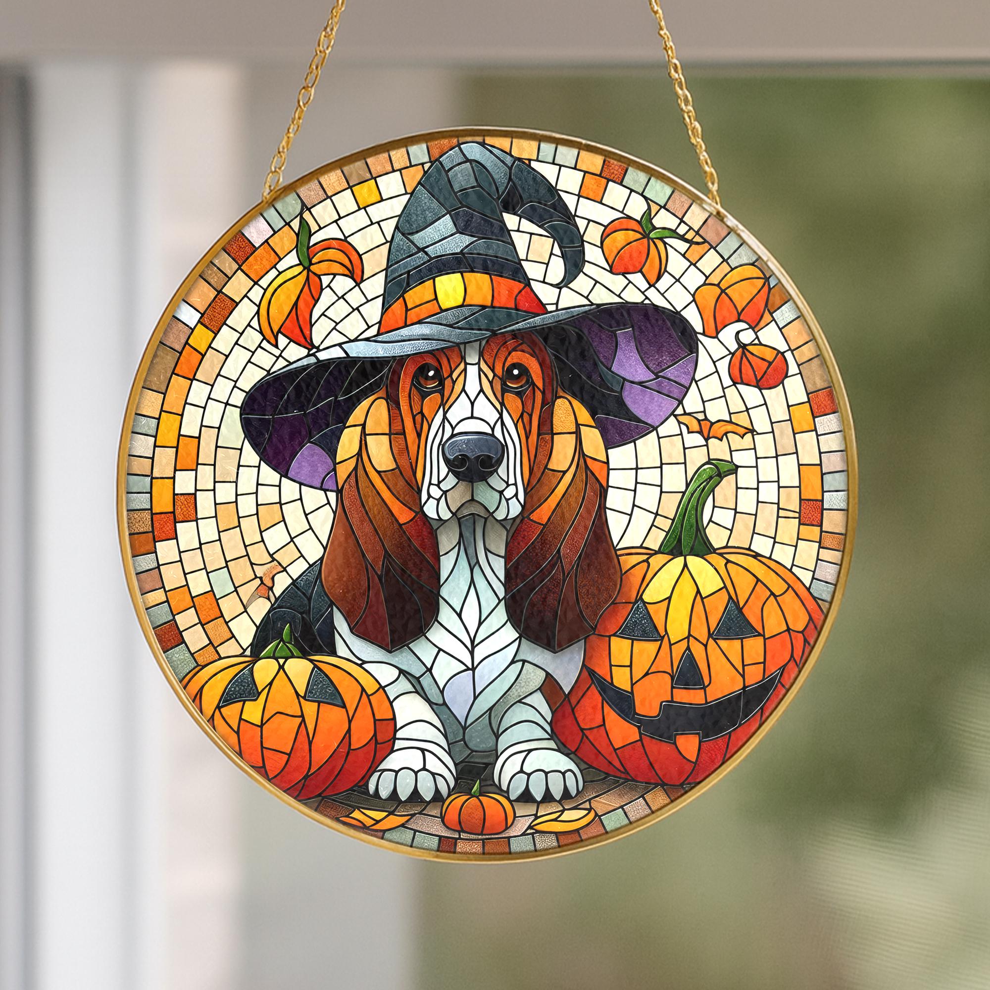 Basset Hound Dog Glass Suncatcher, Halloween Witch Hat and Pumpkin Design