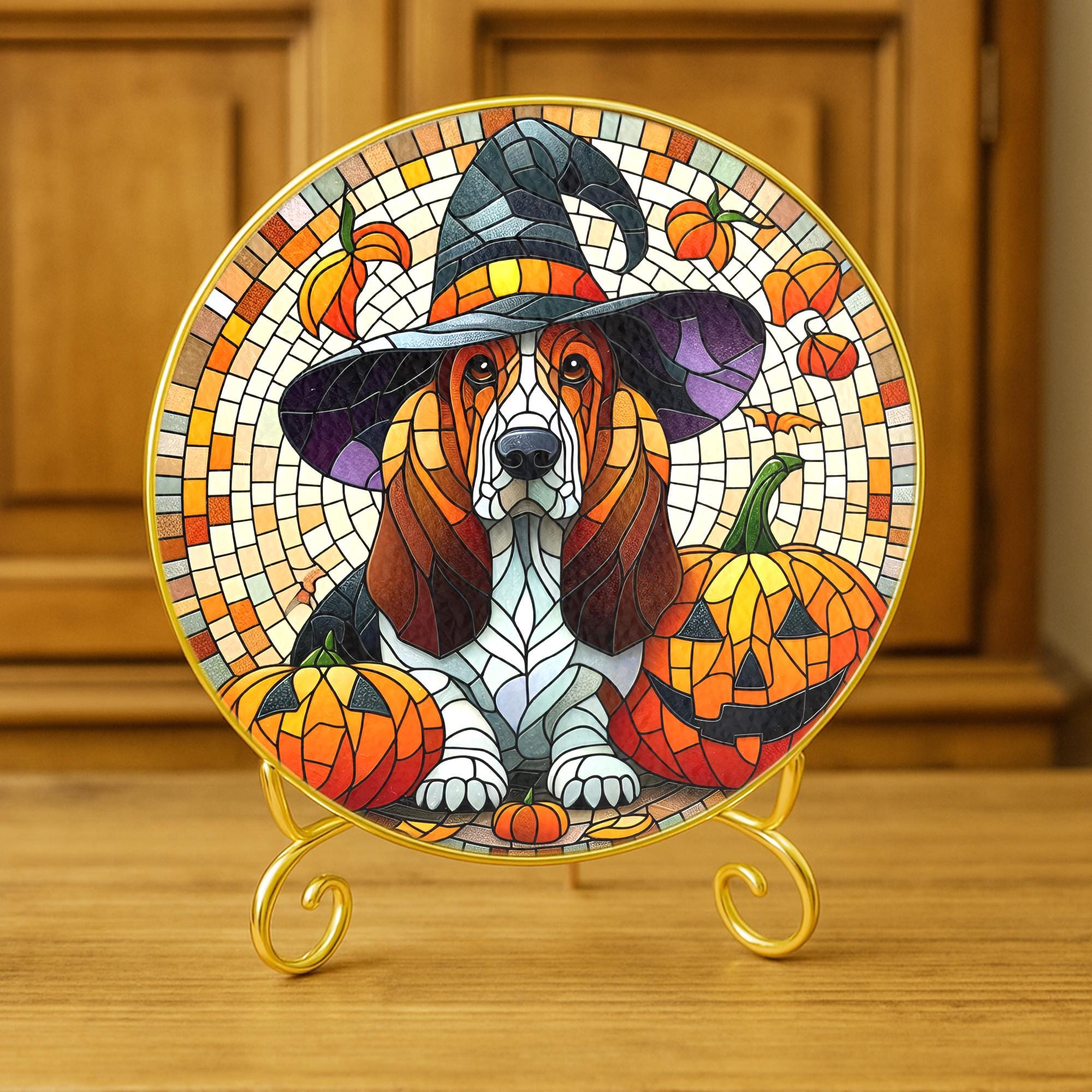 Basset Hound Dog Glass Suncatcher, Halloween Witch Hat and Pumpkin Design
