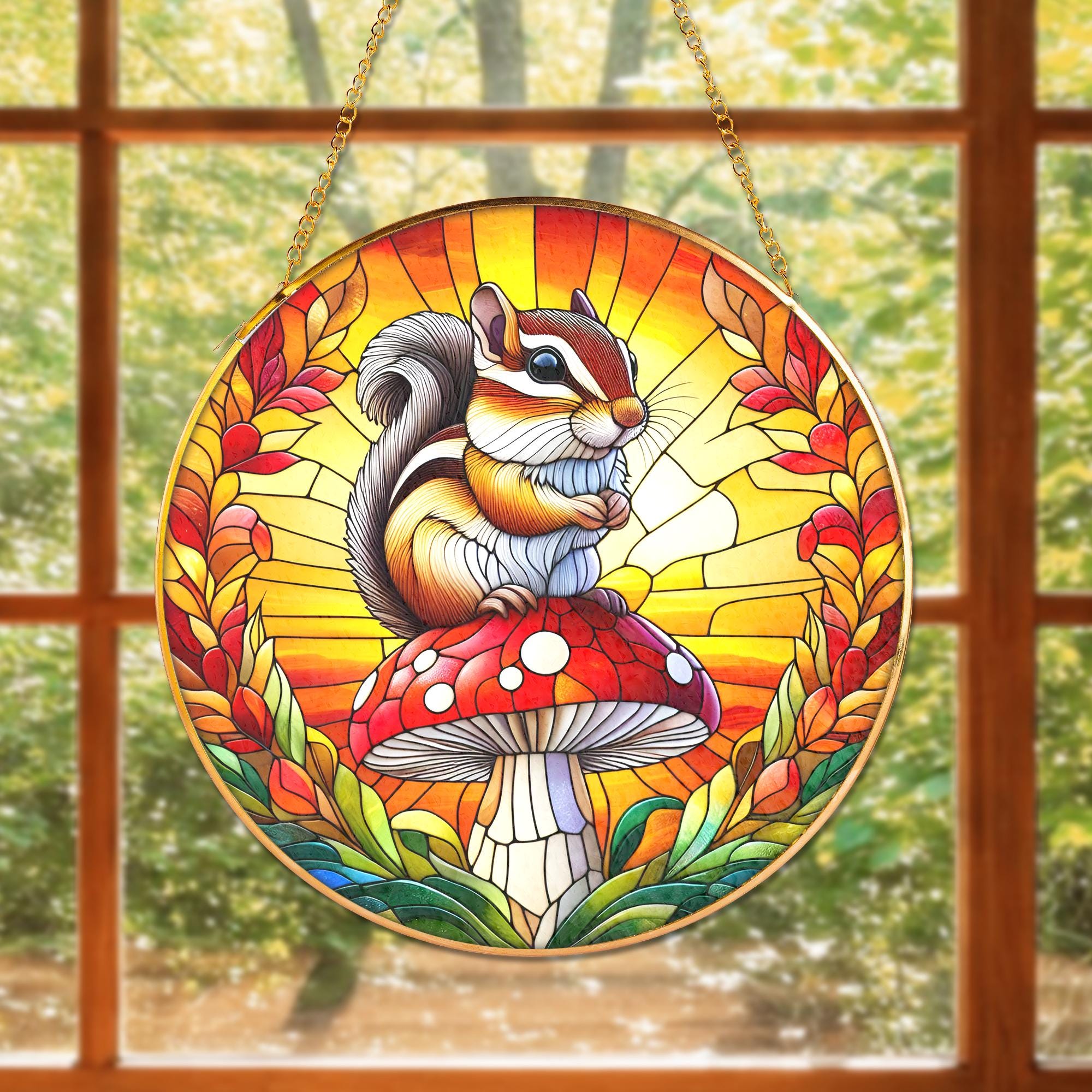 Glass Suncatcher with Chipmunk on Mushroom – Woodland Animal Window Hanging Decoration