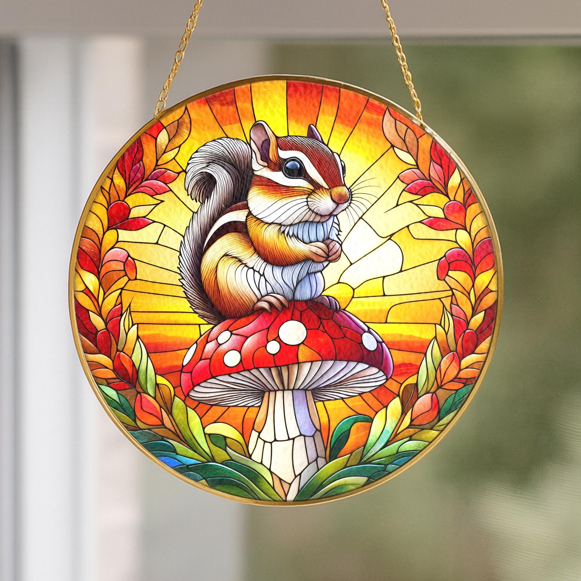 Glass Suncatcher with Chipmunk on Mushroom – Woodland Animal Window Hanging Decoration