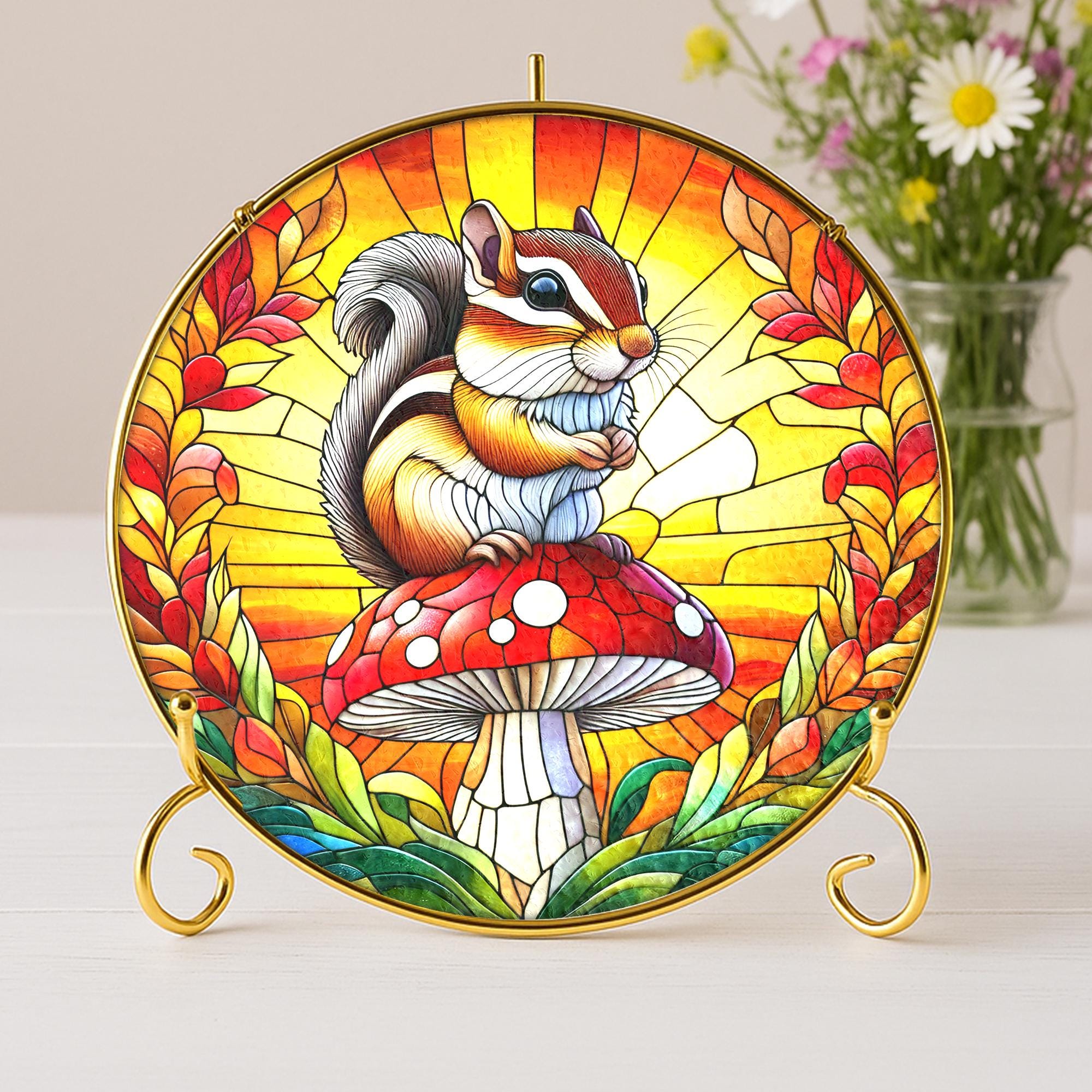 Glass Suncatcher with Chipmunk on Mushroom – Woodland Animal Window Hanging Decoration
