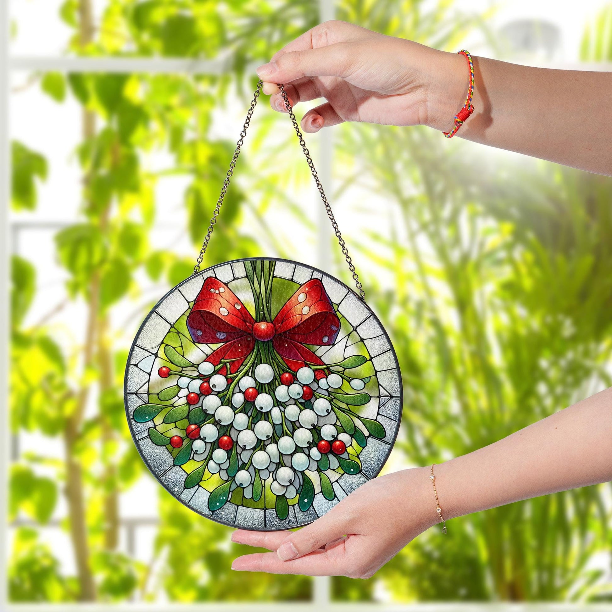 Mistletoe and Red Bow Glass Suncatcher , Christmas Window Hanging Decoration