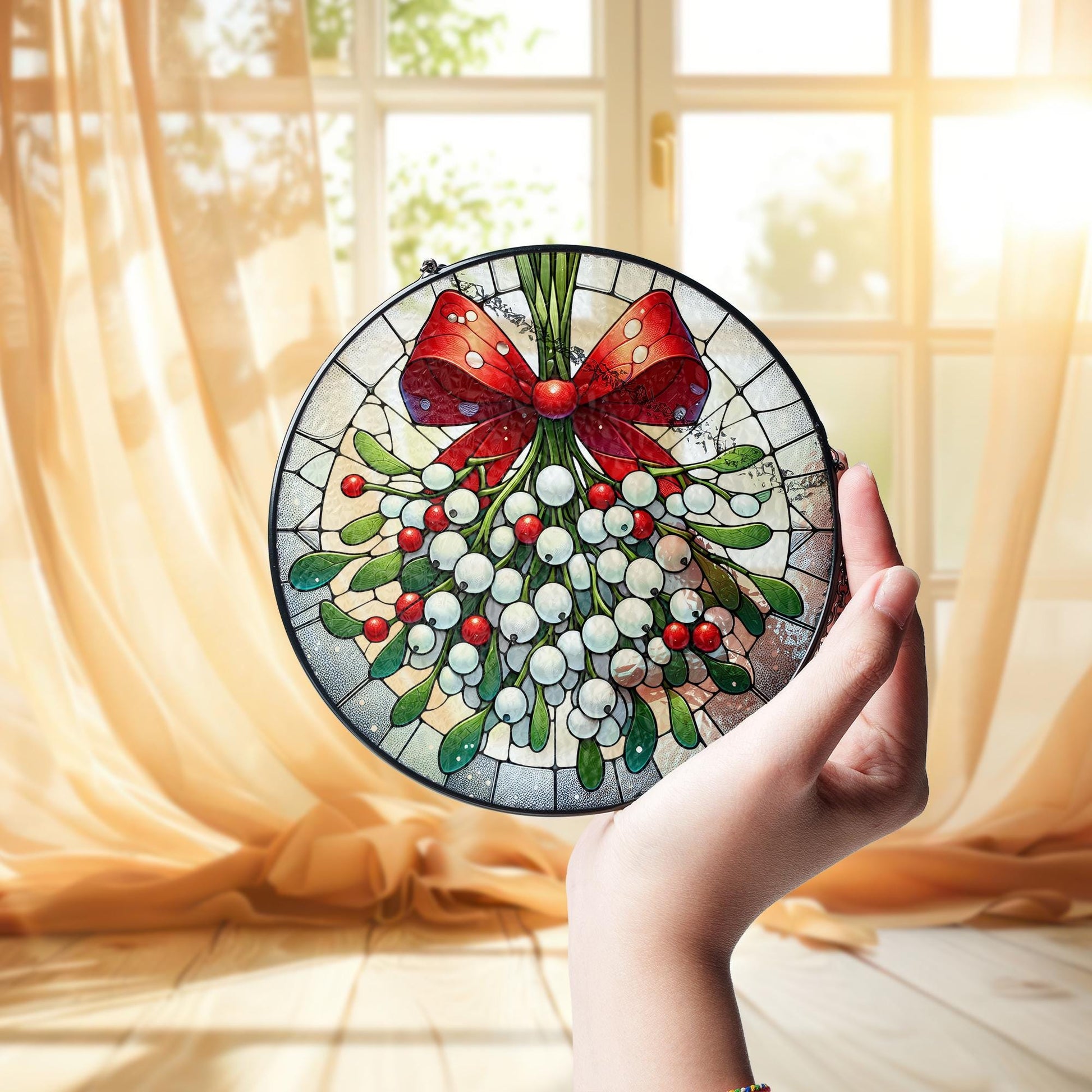 Mistletoe and Red Bow Glass Suncatcher , Christmas Window Hanging Decoration