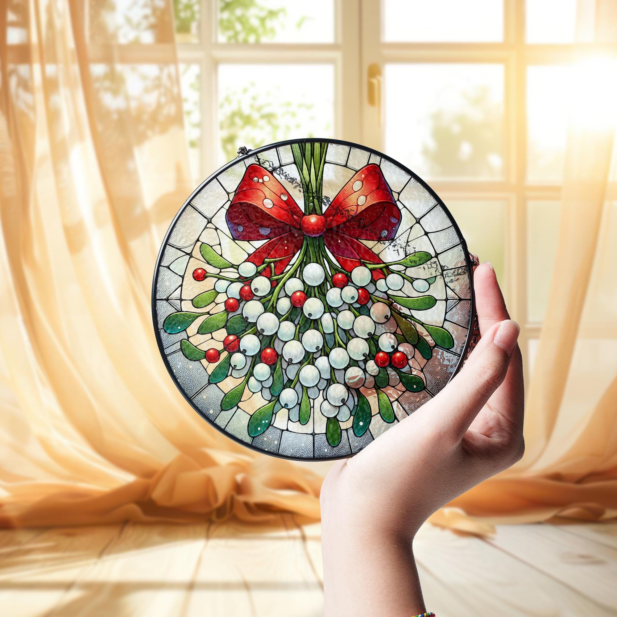 Mistletoe and Red Bow Glass Suncatcher , Christmas Window Hanging Decoration
