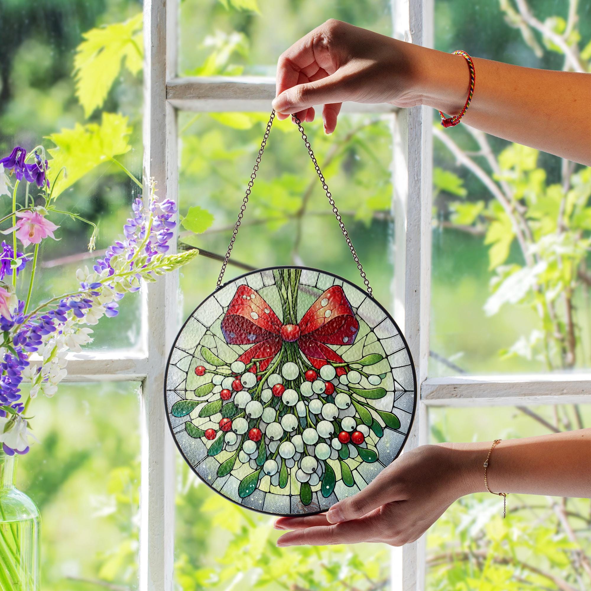 Mistletoe and Red Bow Glass Suncatcher , Christmas Window Hanging Decoration