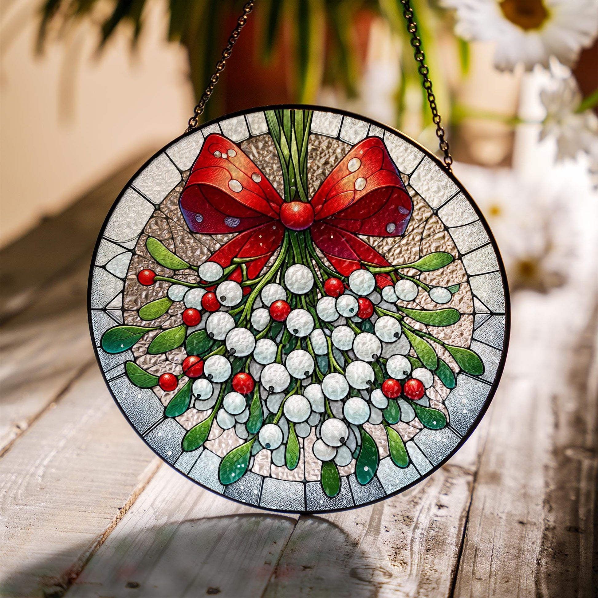 Mistletoe and Red Bow Glass Suncatcher , Christmas Window Hanging Decoration