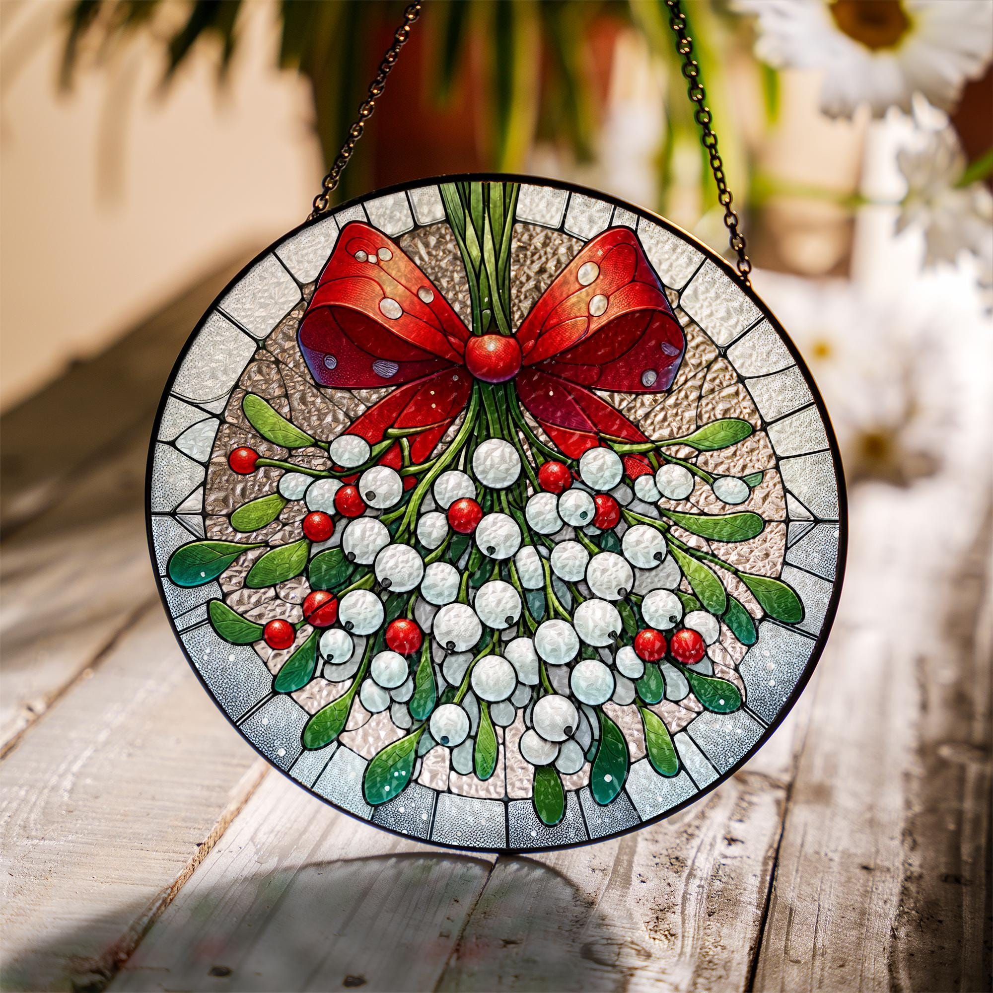 Mistletoe and Red Bow Glass Suncatcher , Christmas Window Hanging Decoration
