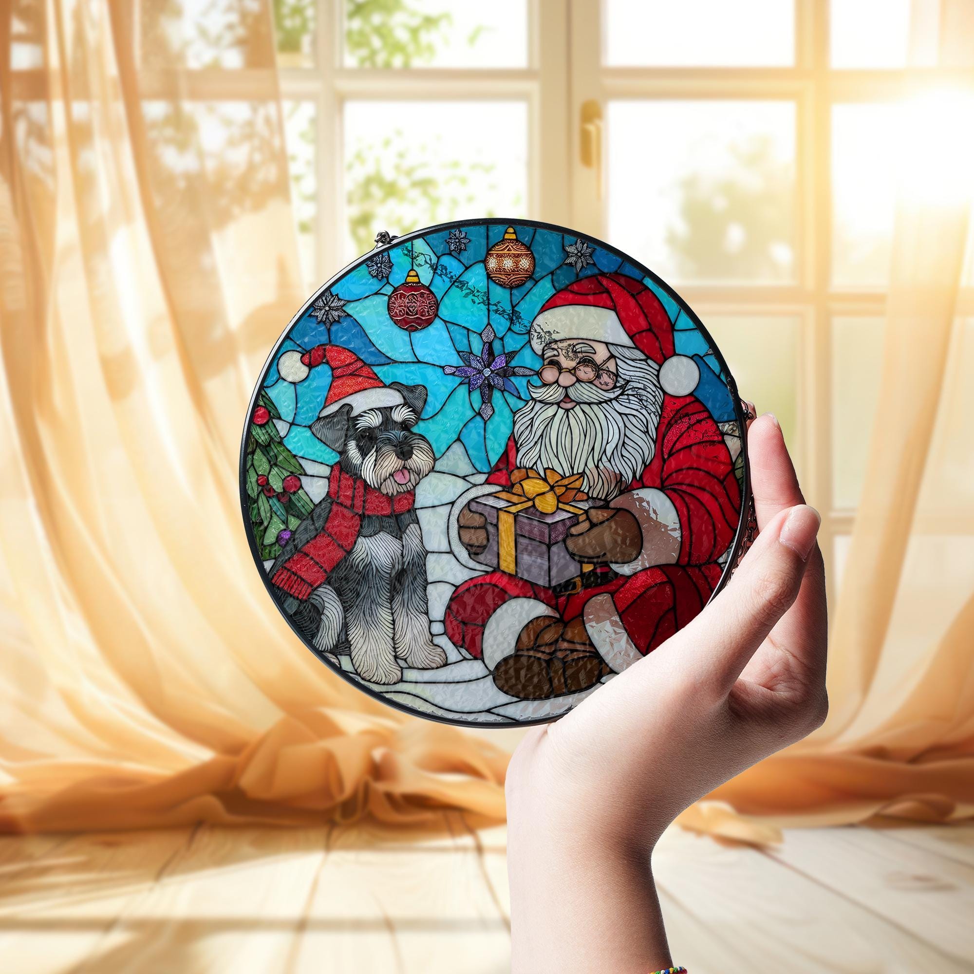 Glass Suncatcher with Santa Claus and Schnauzer Dog, Christmas Window Hanging Decoration