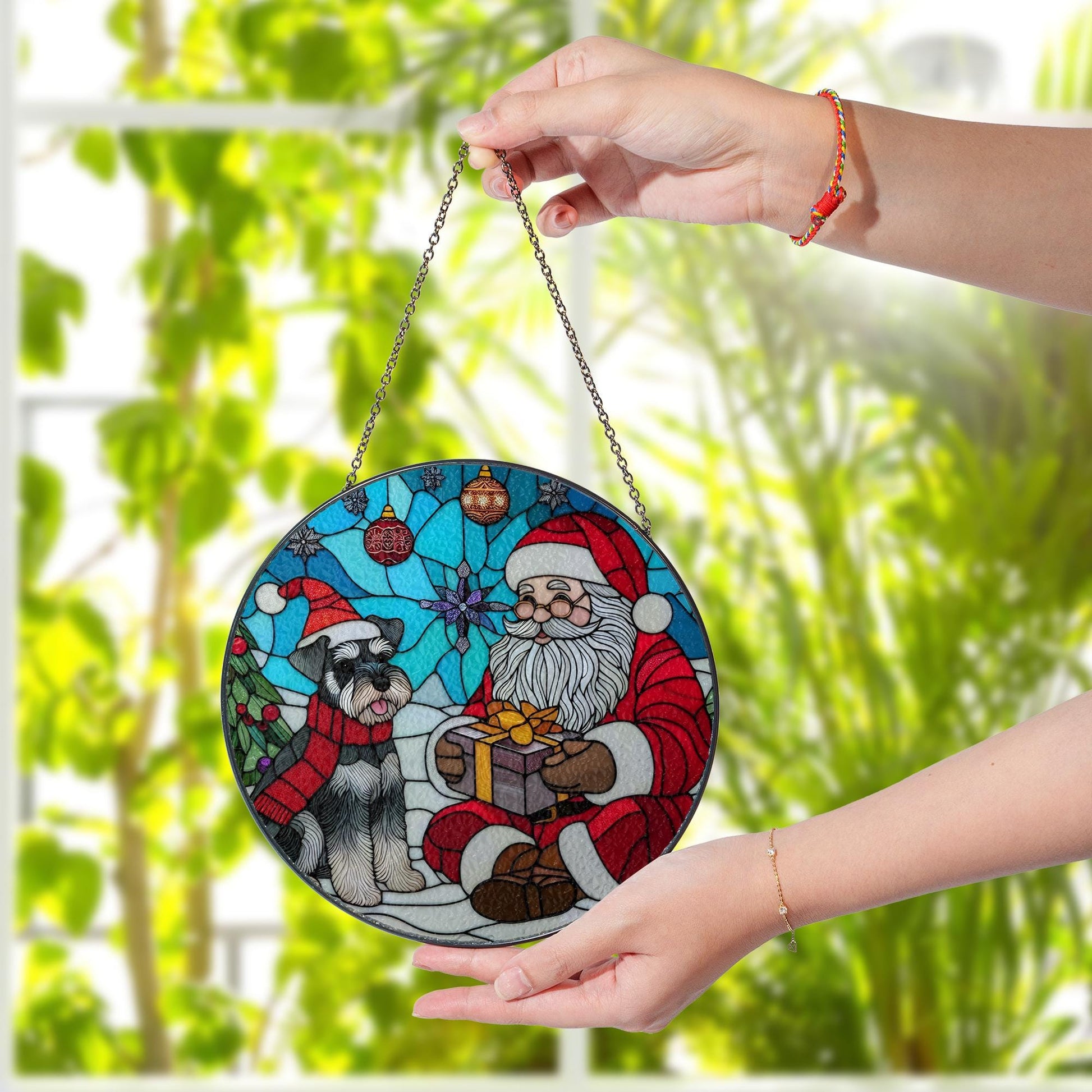 Glass Suncatcher with Santa Claus and Schnauzer Dog, Christmas Window Hanging Decoration