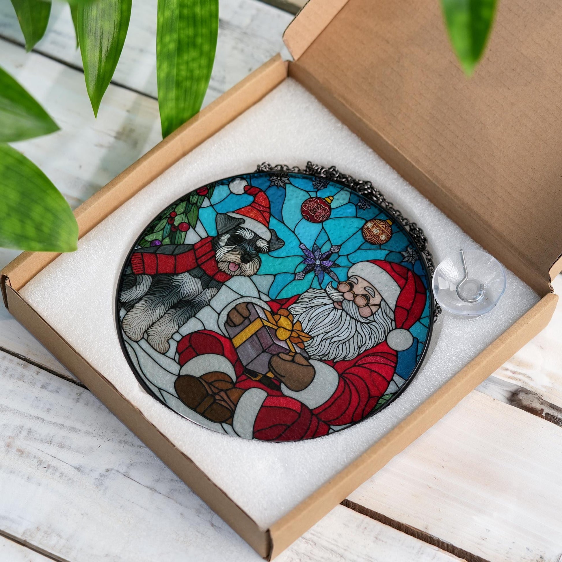 Glass Suncatcher with Santa Claus and Schnauzer Dog, Christmas Window Hanging Decoration