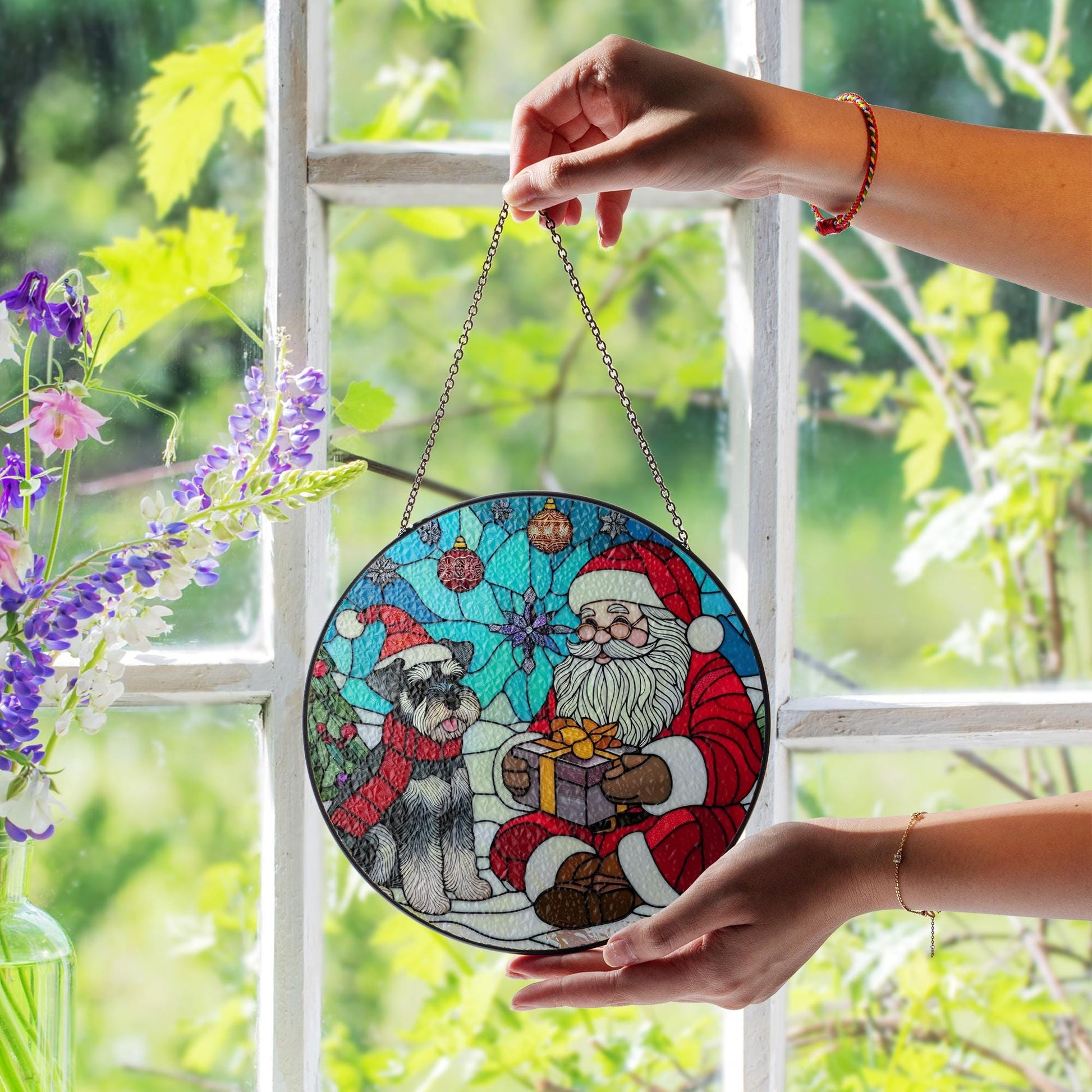 Glass Suncatcher with Santa Claus and Schnauzer Dog, Christmas Window Hanging Decoration