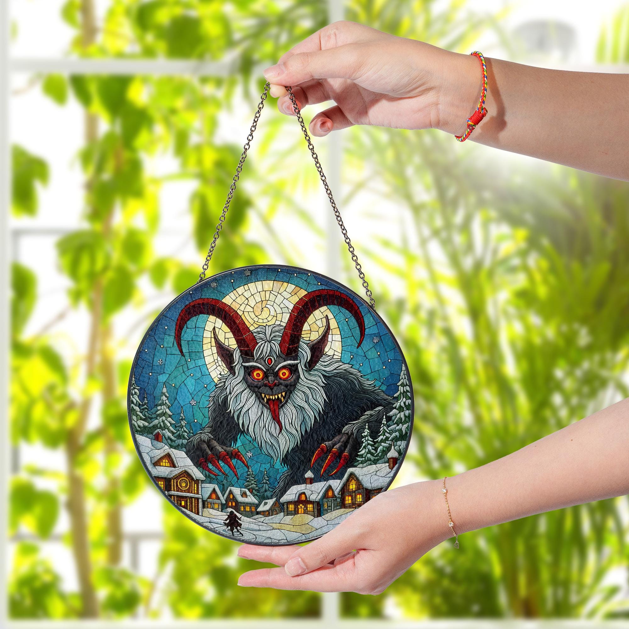 Glass Suncatcher with Krampus Design, Christmas Folklore Scene, Round Hanging Window Decoration