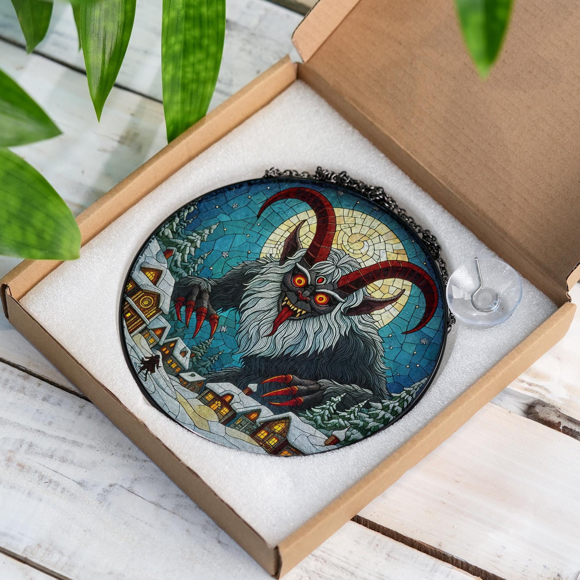 Glass Suncatcher with Krampus Design, Christmas Folklore Scene, Round Hanging Window Decoration