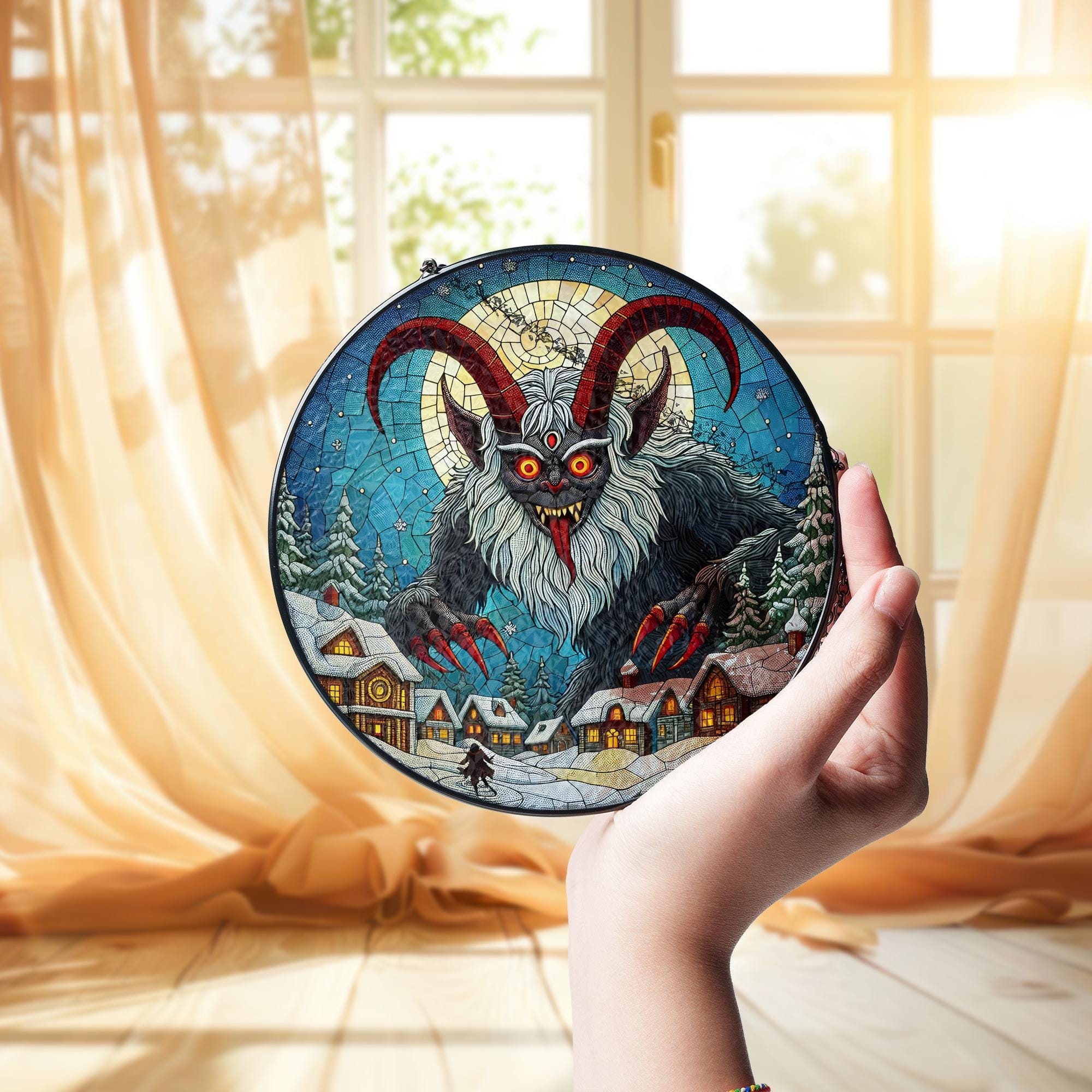 Glass Suncatcher with Krampus Design, Christmas Folklore Scene, Round Hanging Window Decoration