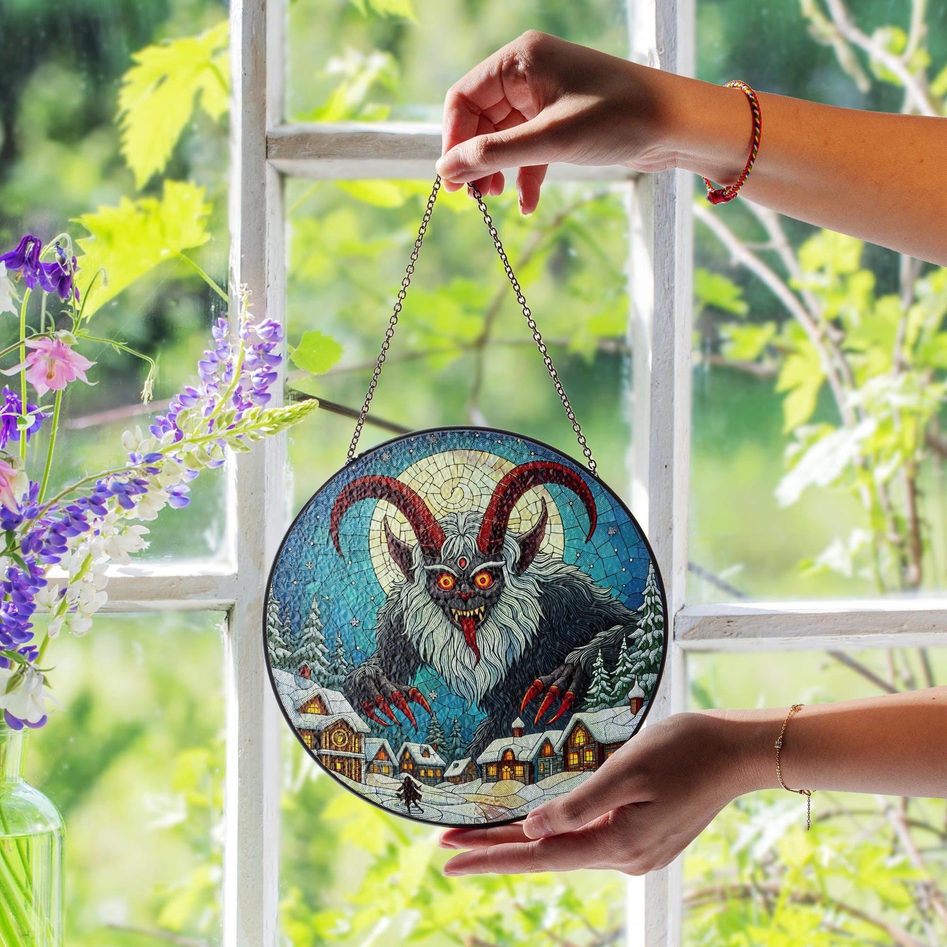 Glass Suncatcher with Krampus Design, Christmas Folklore Scene, Round Hanging Window Decoration