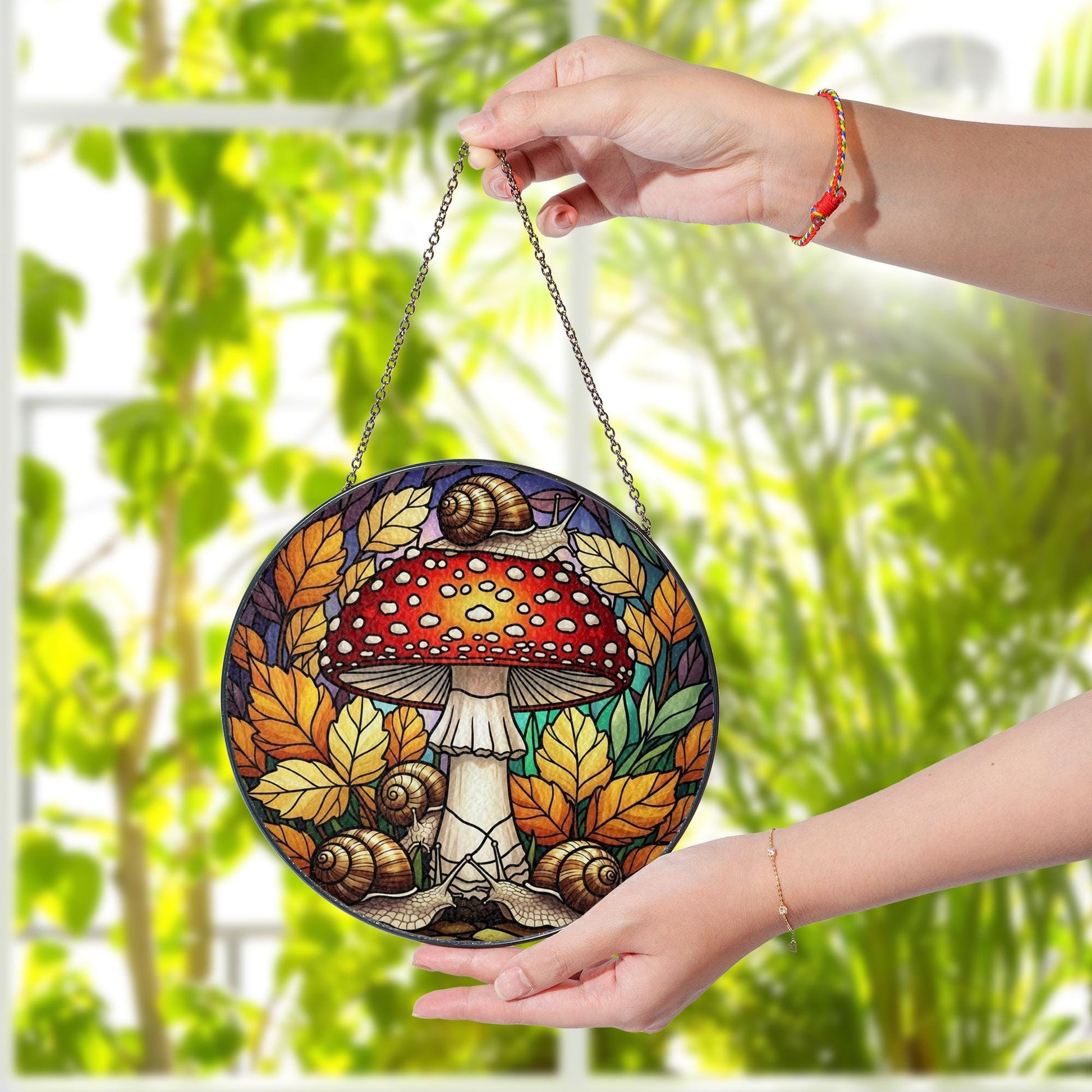 Glass Suncatcher with Mushroom and Snail Design, Autumn Leaves Pattern