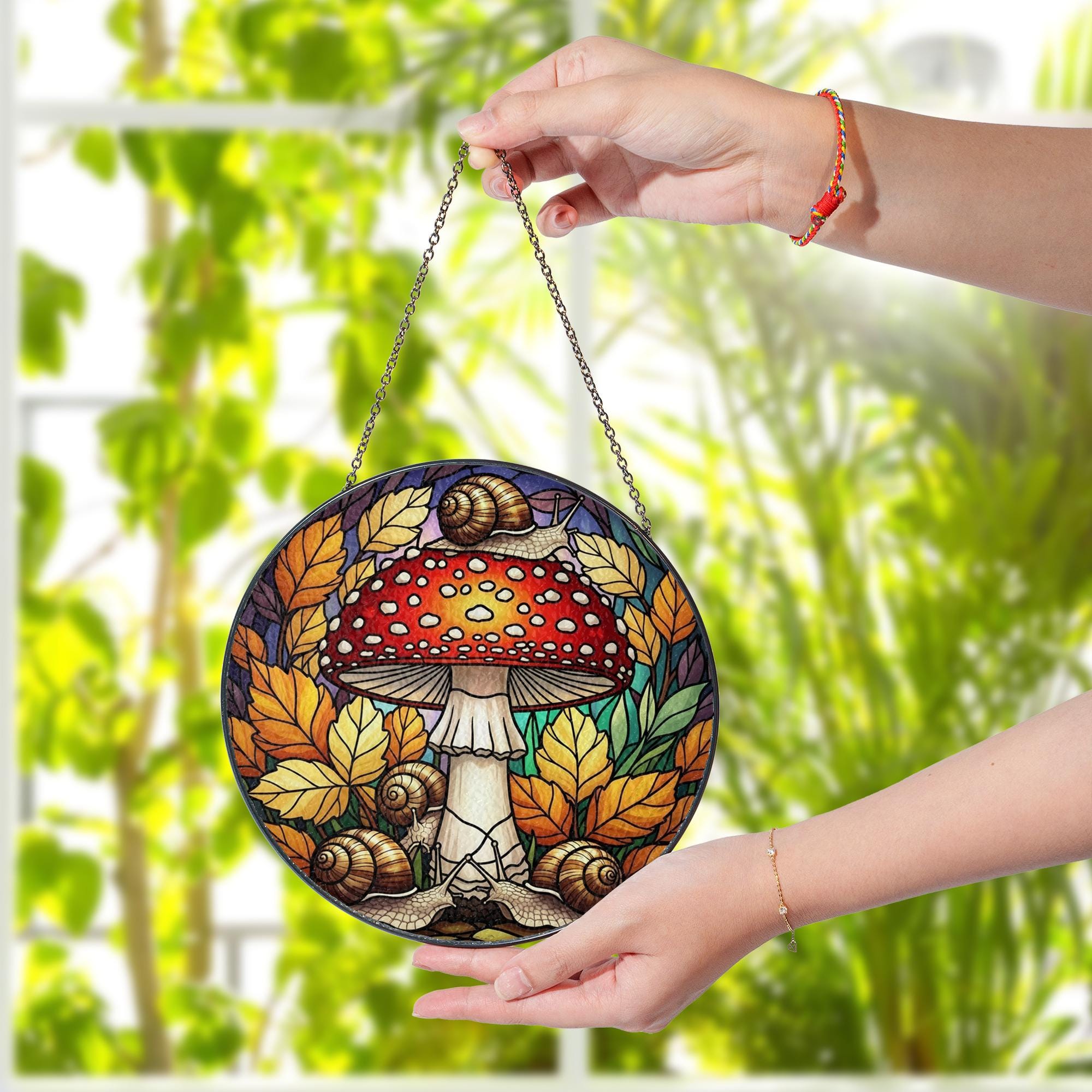 Glass Suncatcher with Mushroom and Snail Design, Autumn Leaves Pattern