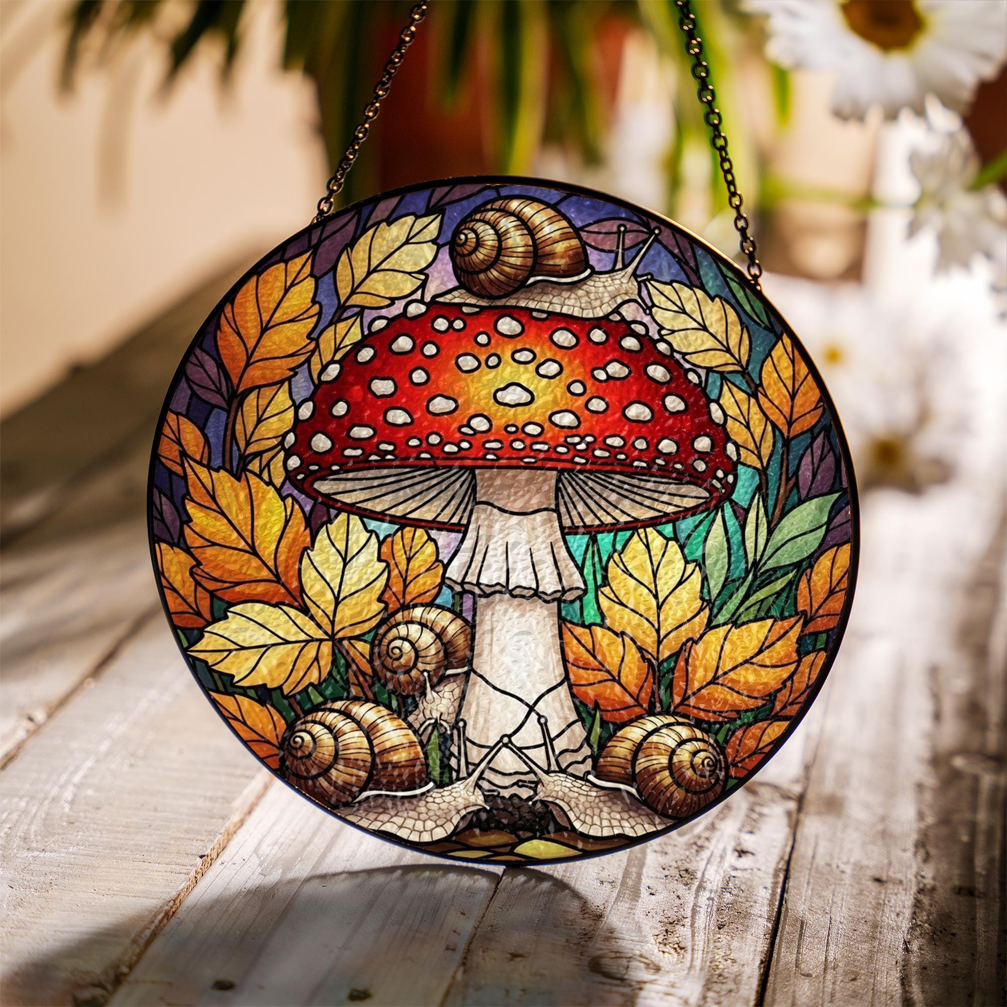 Glass Suncatcher with Mushroom and Snail Design, Autumn Leaves Pattern