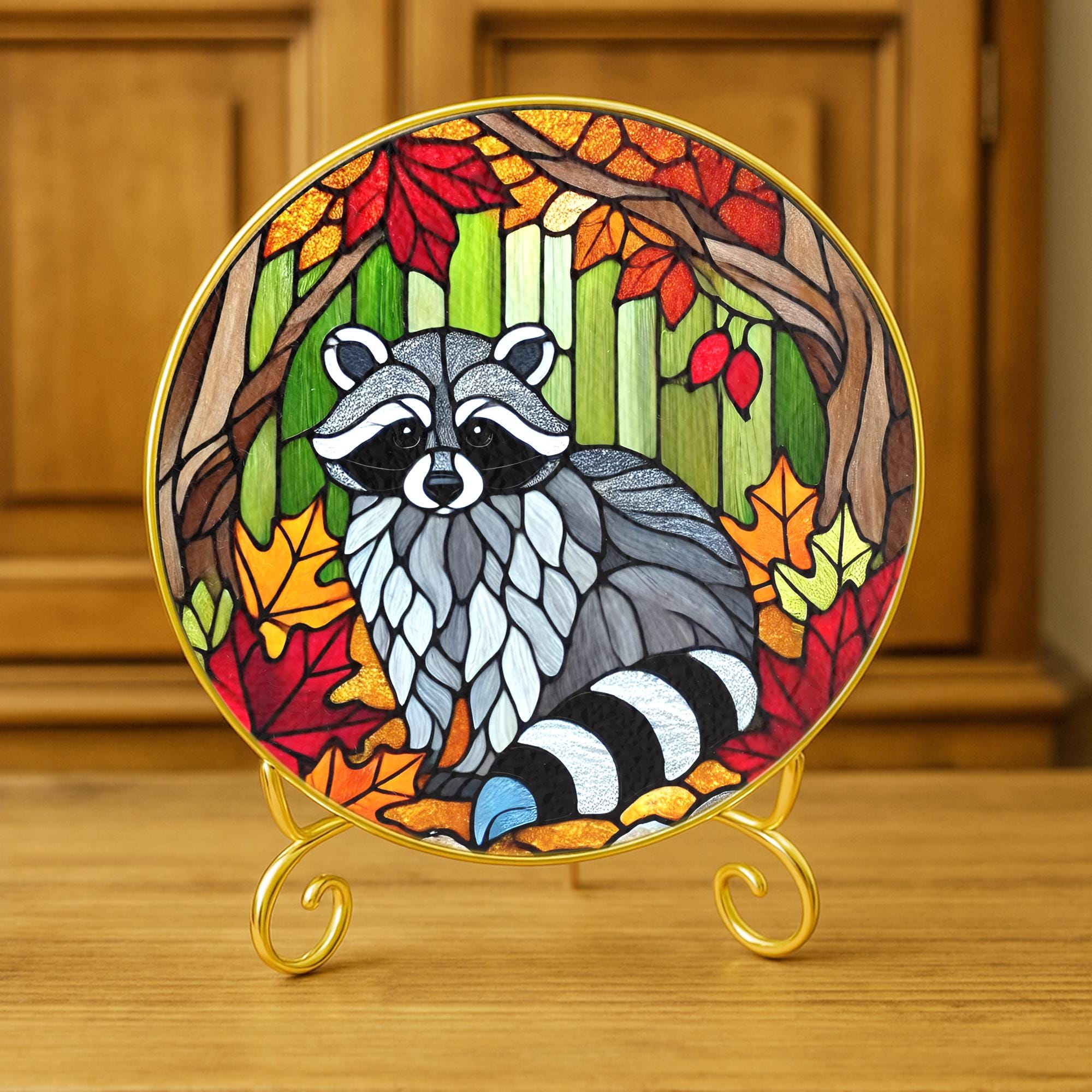 Raccoon Glass Suncatcher, Autumn Leaves Pattern, Round Hanging Window Decoration