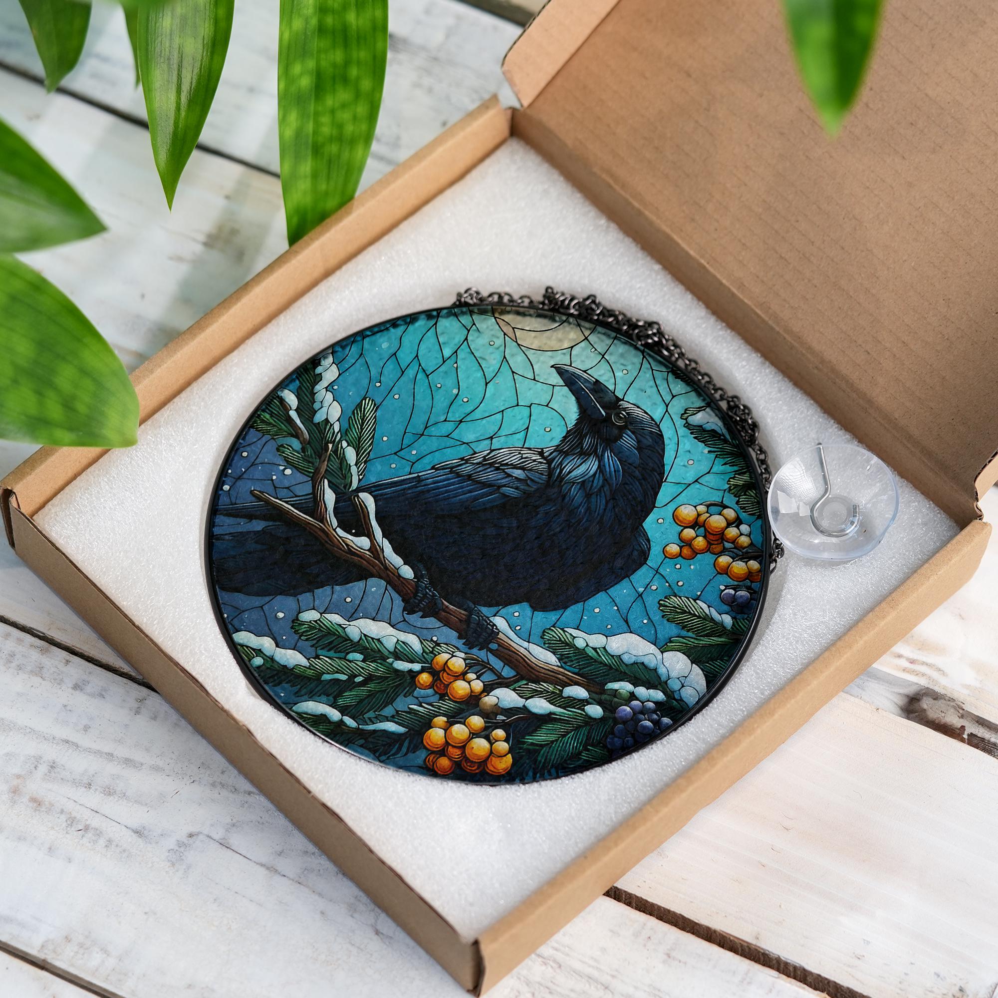 Glass Suncatcher with Raven Design, Winter Berries and Moon Scene