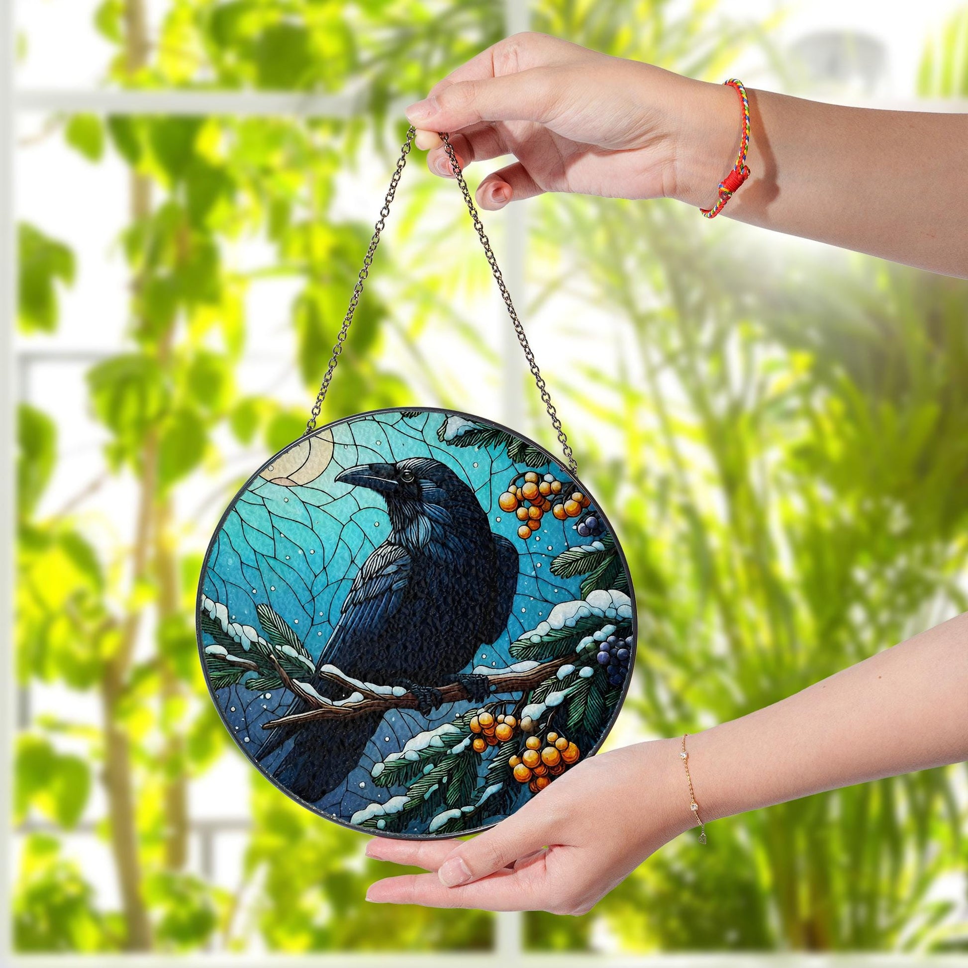 Glass Suncatcher with Raven Design, Winter Berries and Moon Scene
