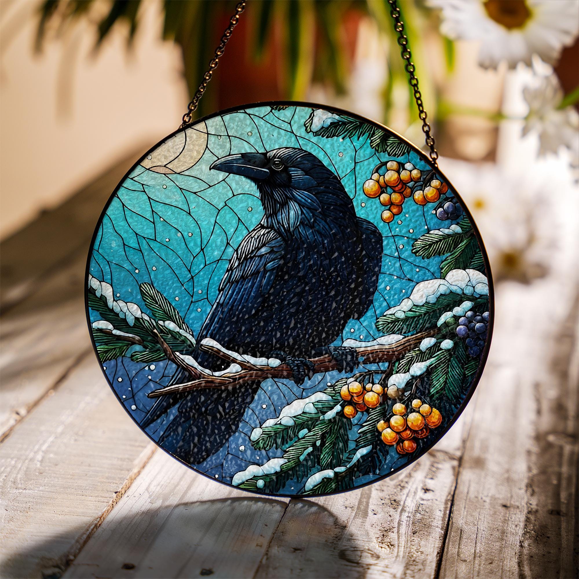 Glass Suncatcher with Raven Design, Winter Berries and Moon Scene