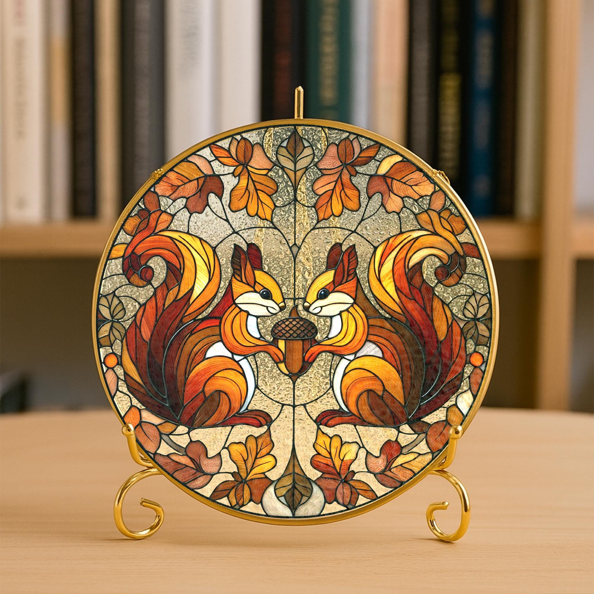 Glass Suncatcher with Squirrel and Acorn Design, Autumn Oak Leaves Pattern