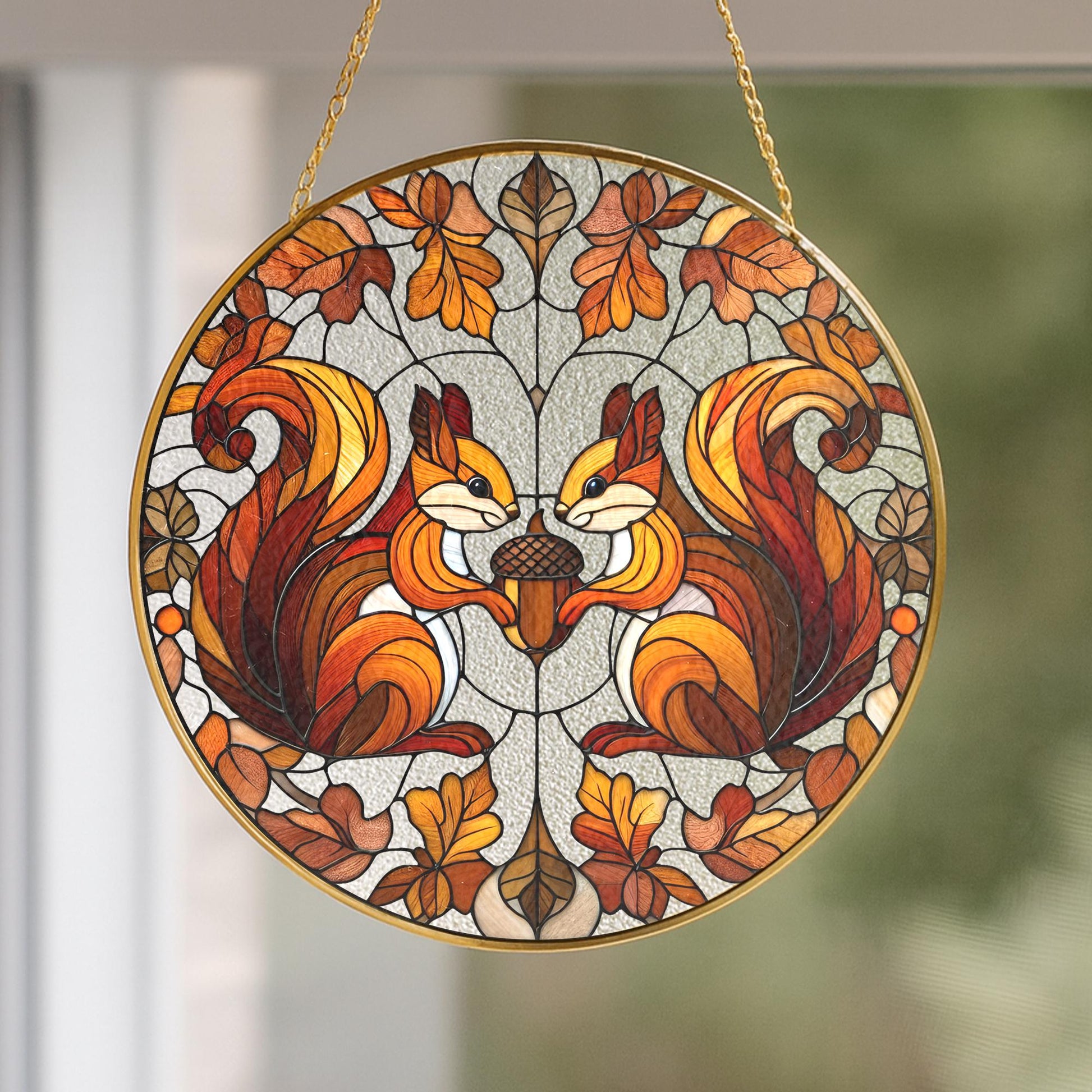 Glass Suncatcher with Squirrel and Acorn Design, Autumn Oak Leaves Pattern
