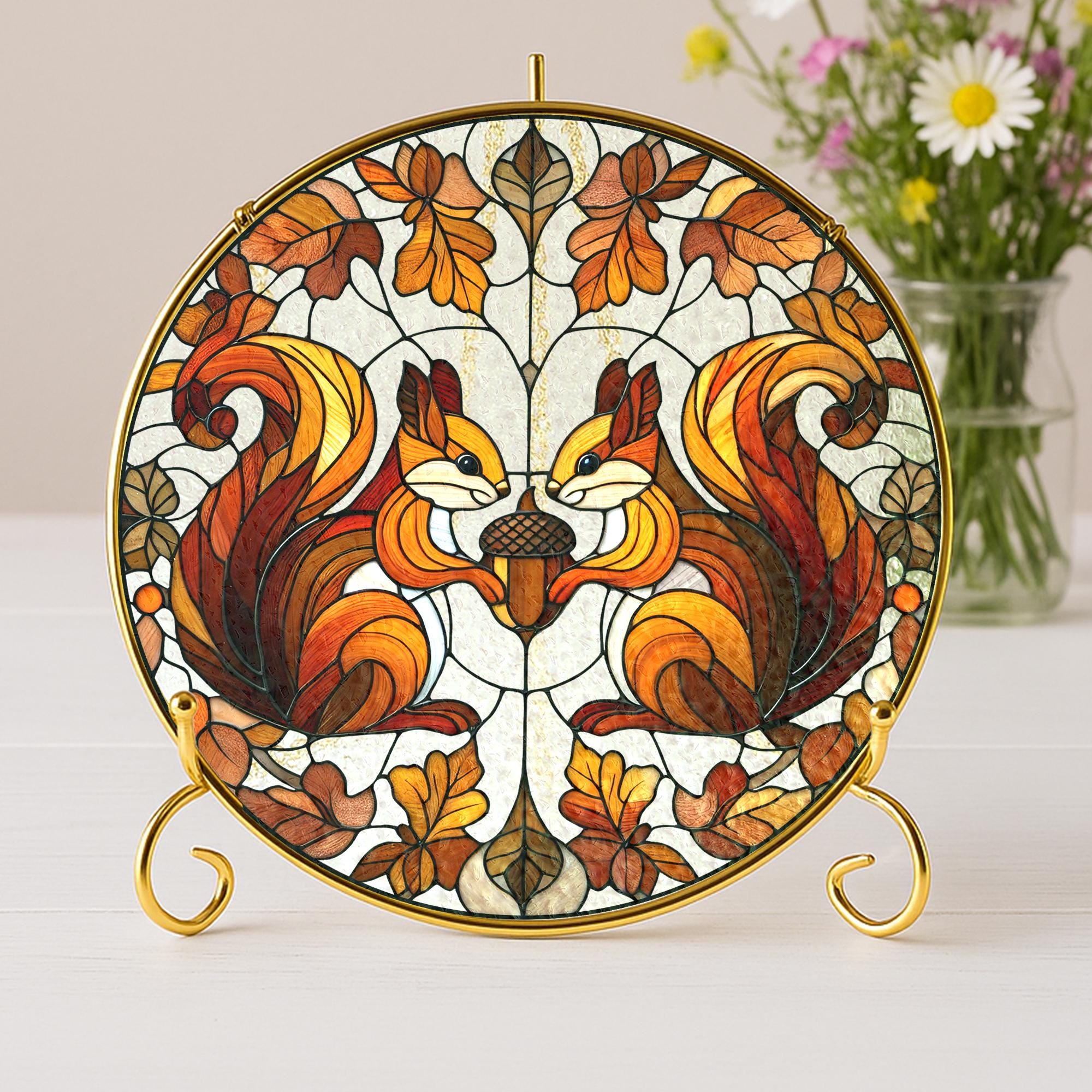 Glass Suncatcher with Squirrel and Acorn Design, Autumn Oak Leaves Pattern