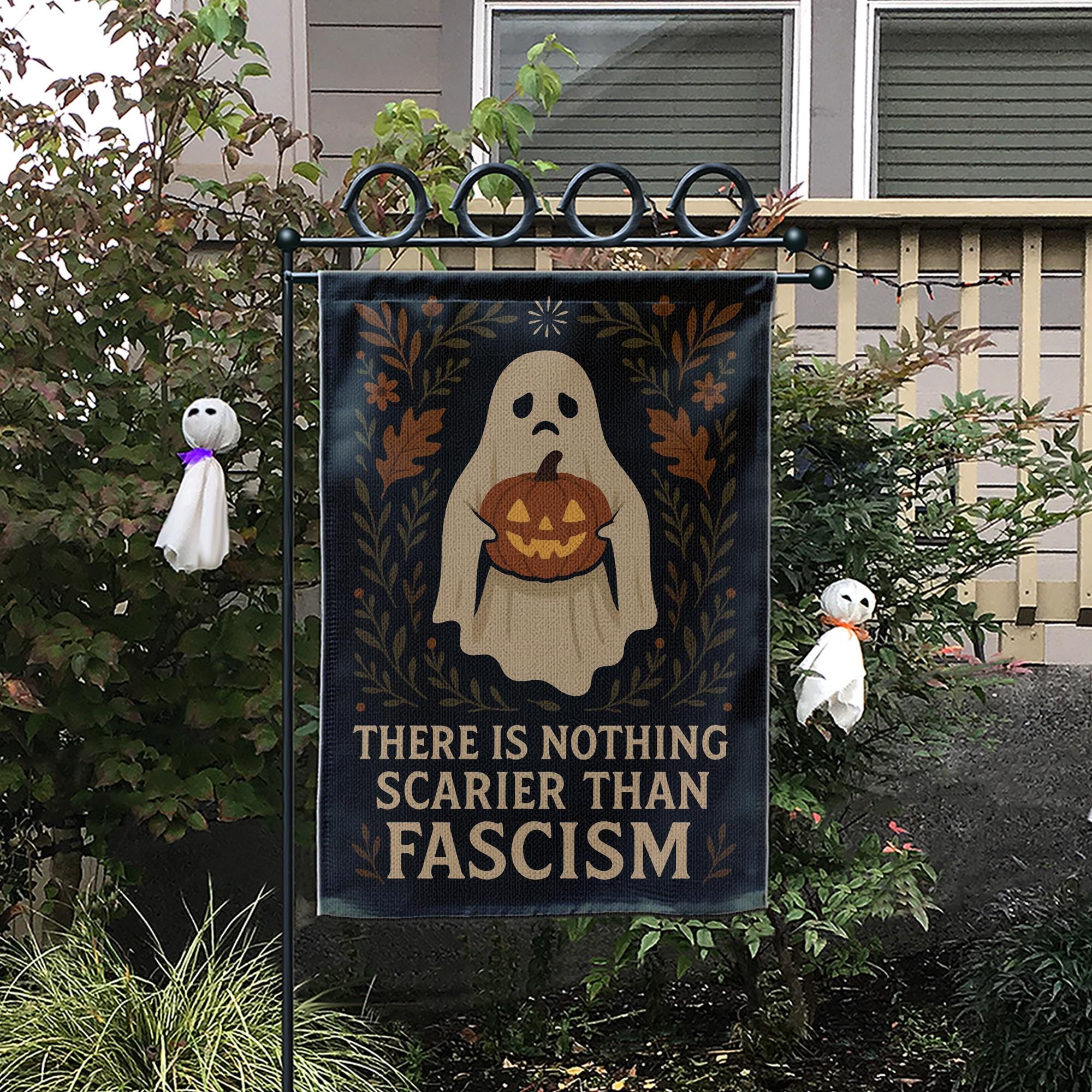 Halloween Garden Flag with Ghost and Pumpkin: Anti Fascism Outdoor Yard Decoration