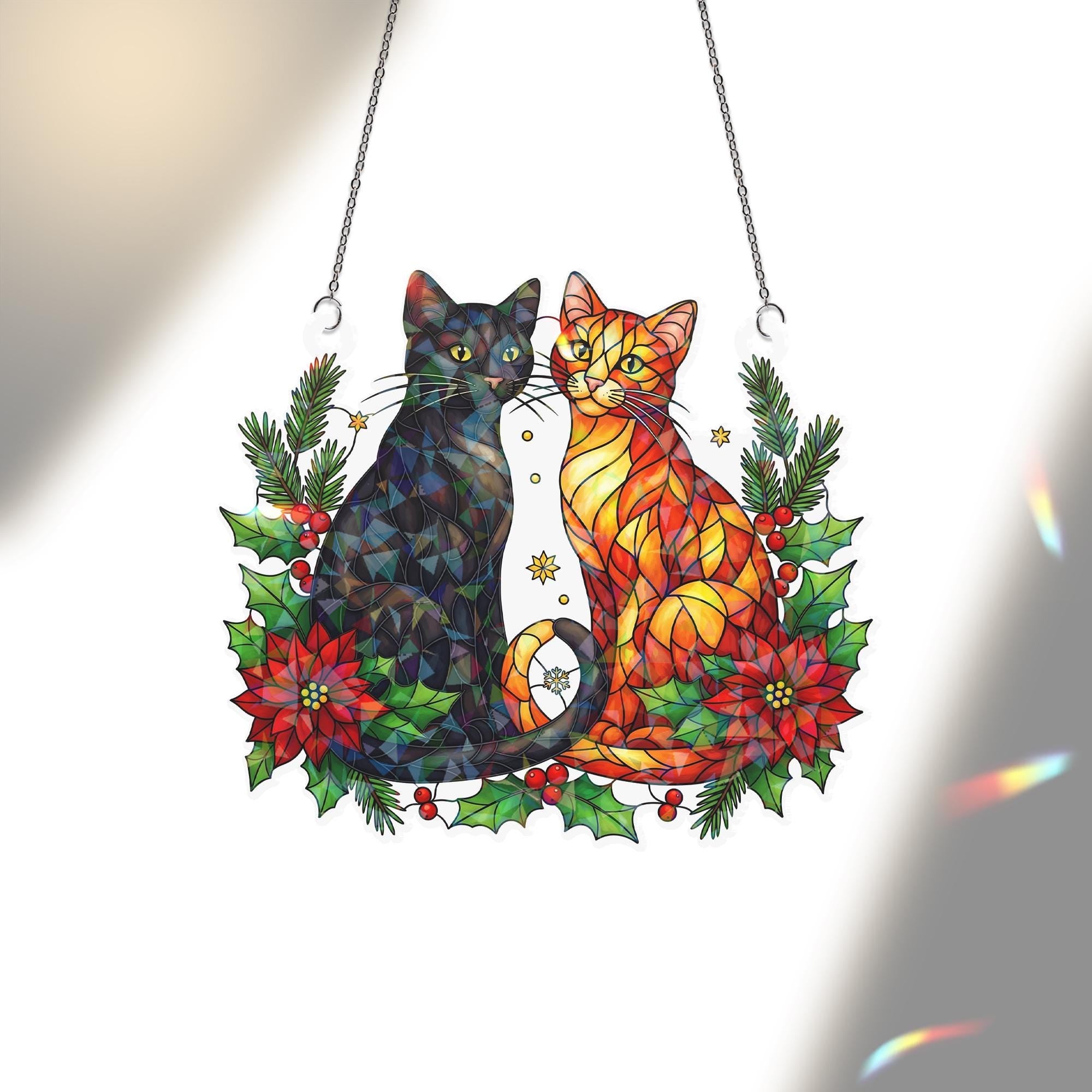 Acrylic Window Hanging with Two Cats and Xmas Flowers: Custom Pet Suncatcher Decoration