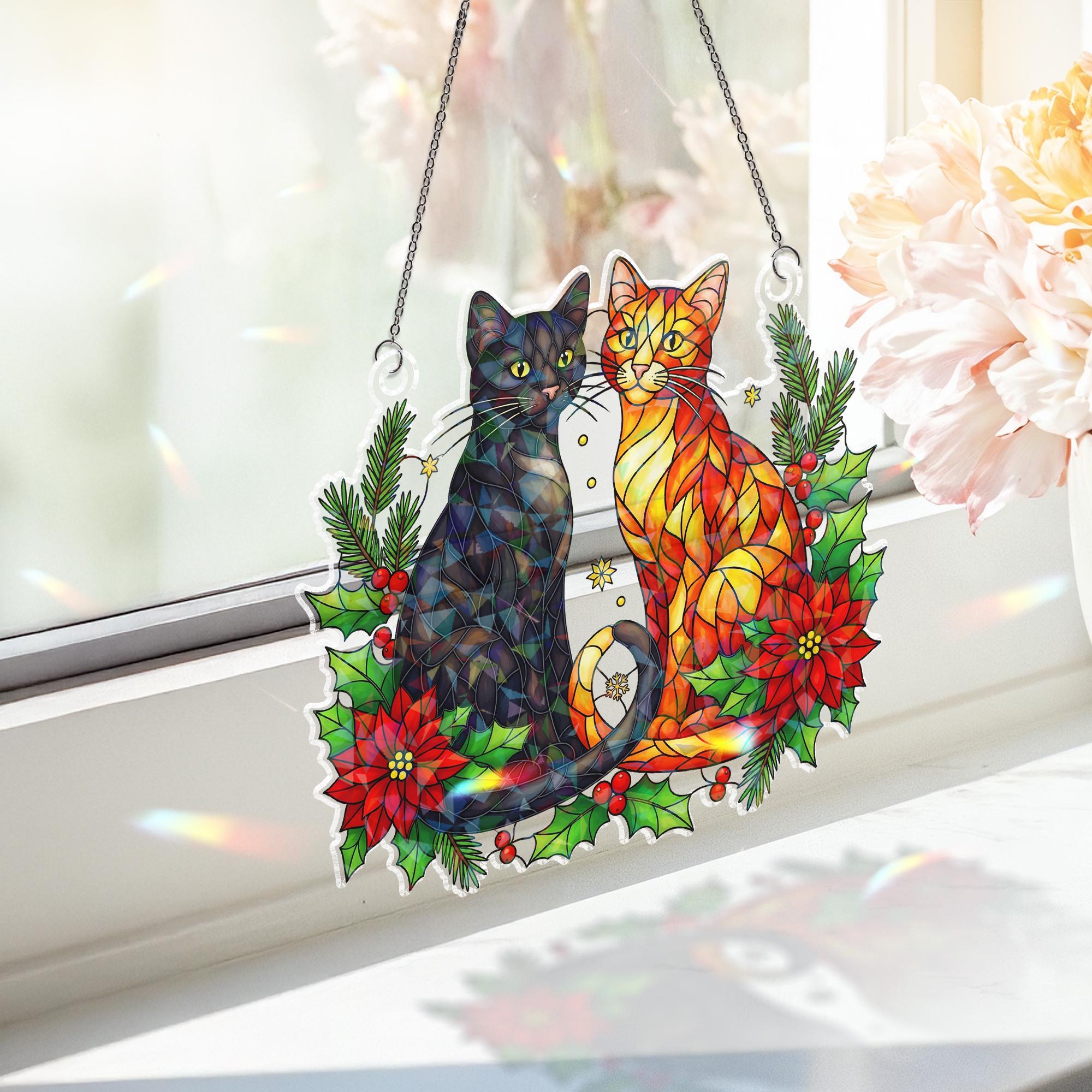 Acrylic Window Hanging with Two Cats and Xmas Flowers: Custom Pet Suncatcher Decoration