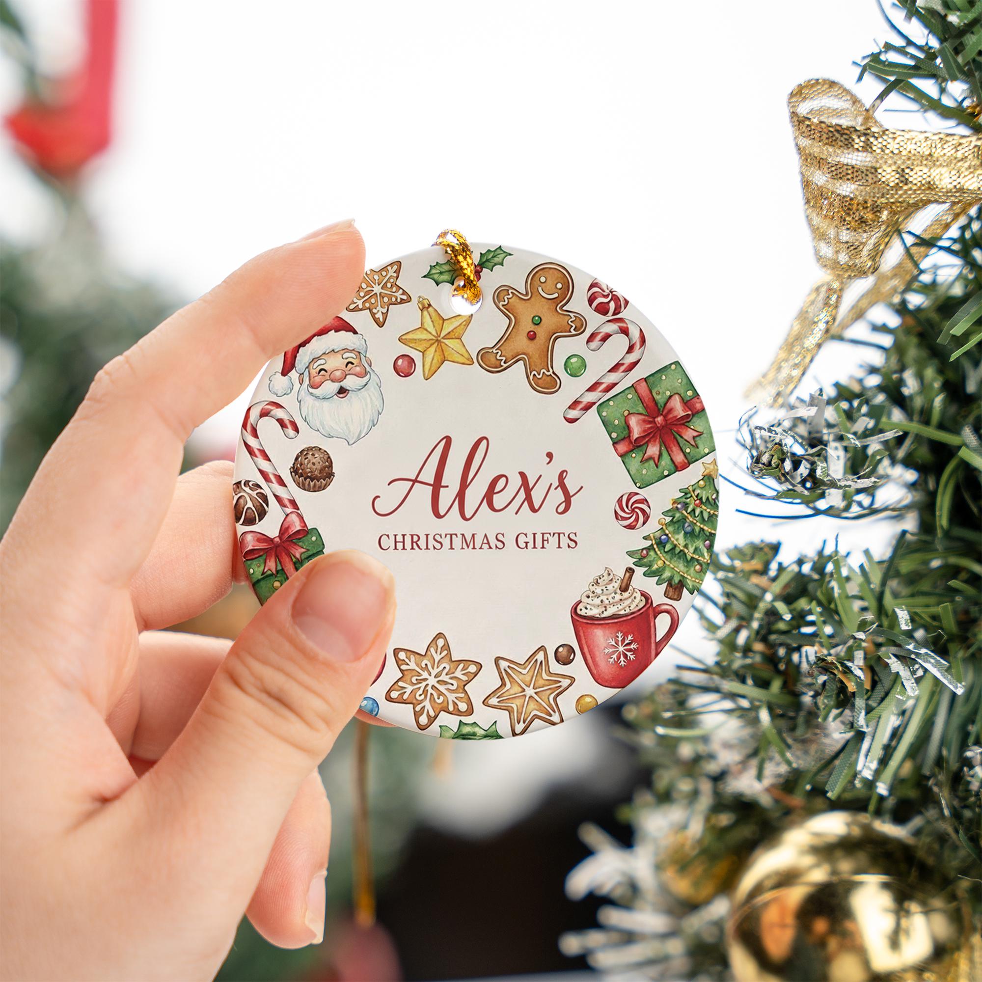 Personalized Ceramic Christmas Ornament with Santa and Holiday Cookies: Custom Name Tree Decoration